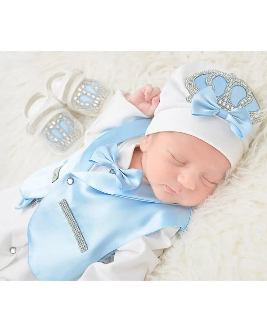 Regal and Handsome: 5-Piece Layette Gift Set with Jeweled Crown Tuxedo for Baby Boys (0-3 Months)
