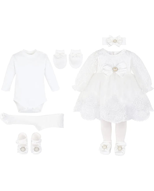 Baby Girls White Lace & Satin Christening Dress Set