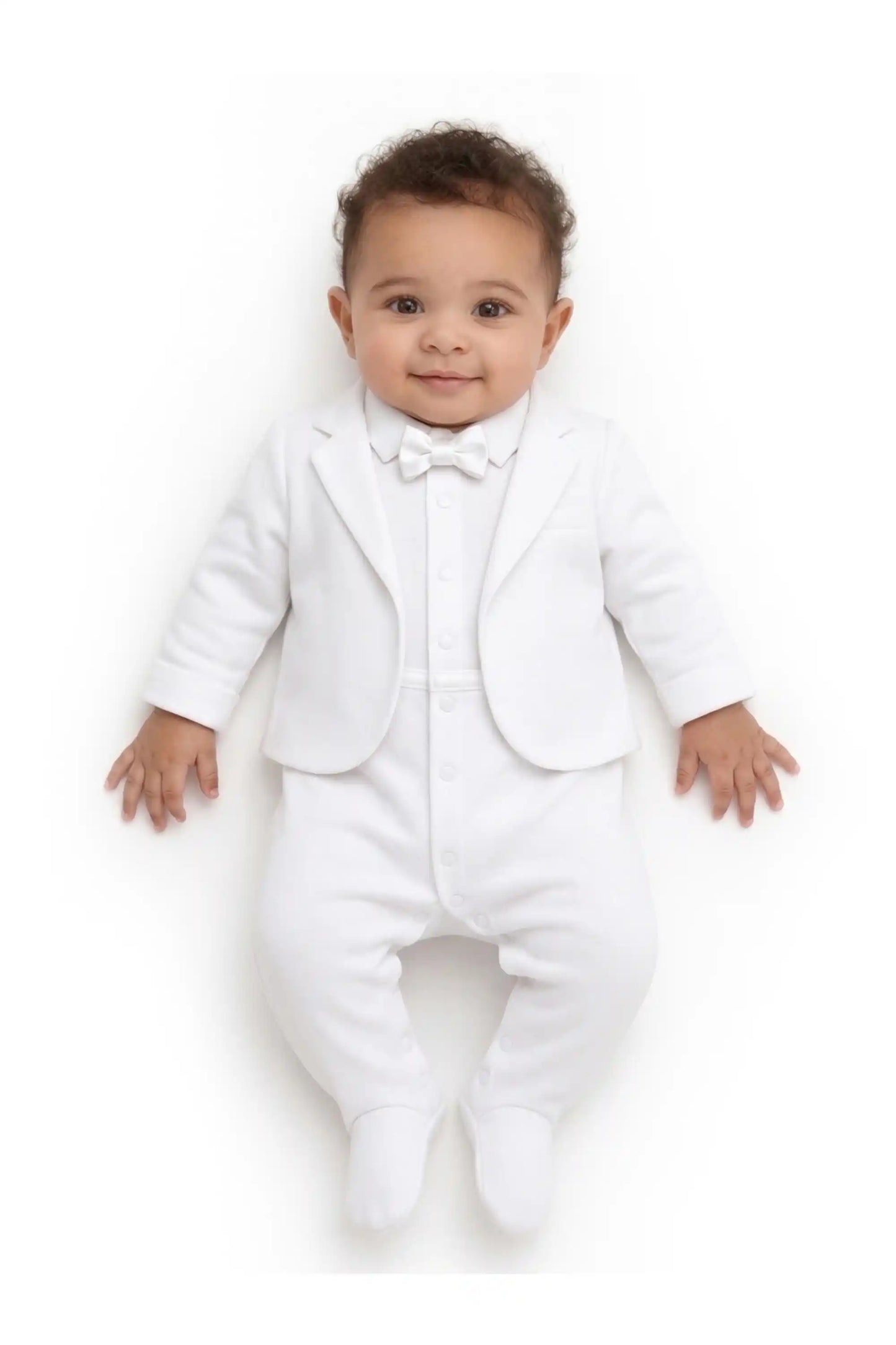 Baby Boy Tuxedo Romper Suit | Bow Tie & Necktie | 100% Cotton Footed Coverall