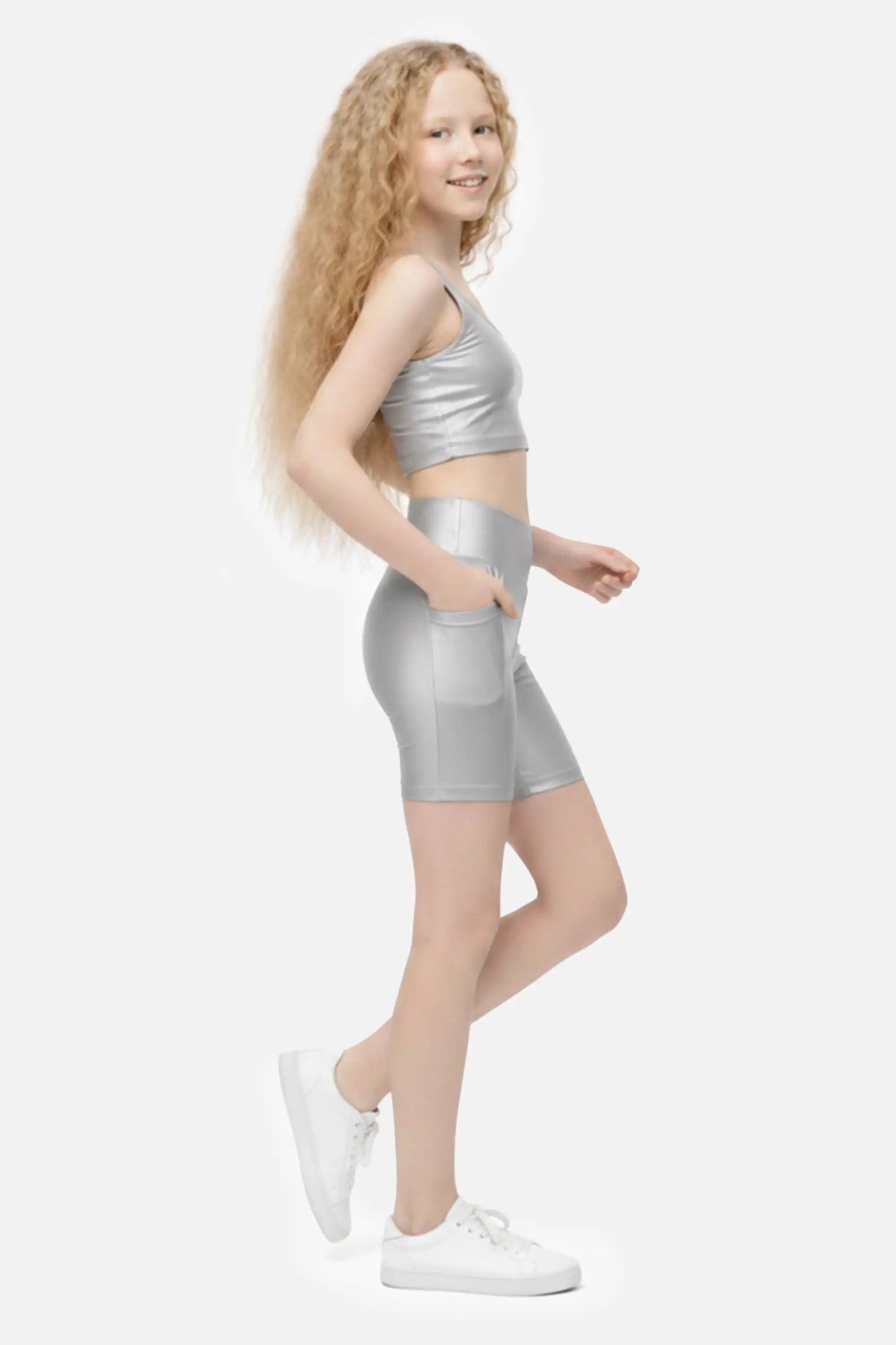 Girls Athletic Shorts with Pocket High Waisted Biker Shorts for Dance Yoga Gymnastics