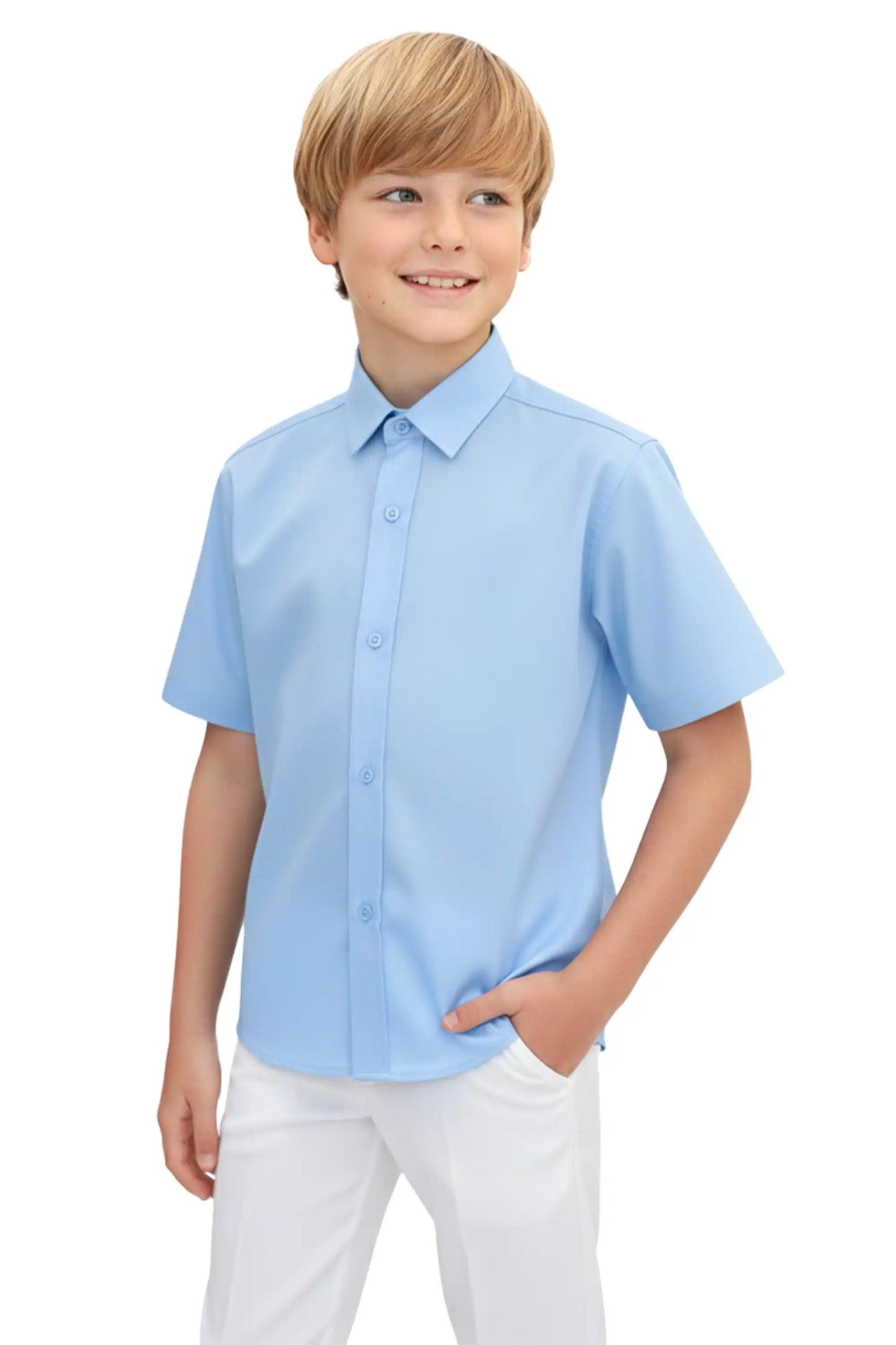 Boys Classic Short Sleeve Button Down Casual Solid Dress Shirt