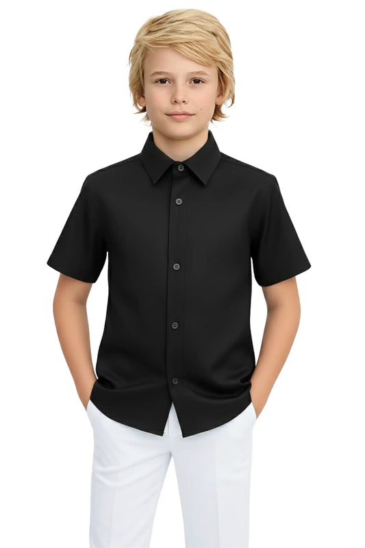 Boys Classic Short Sleeve Button Down Casual Solid Dress Shirt