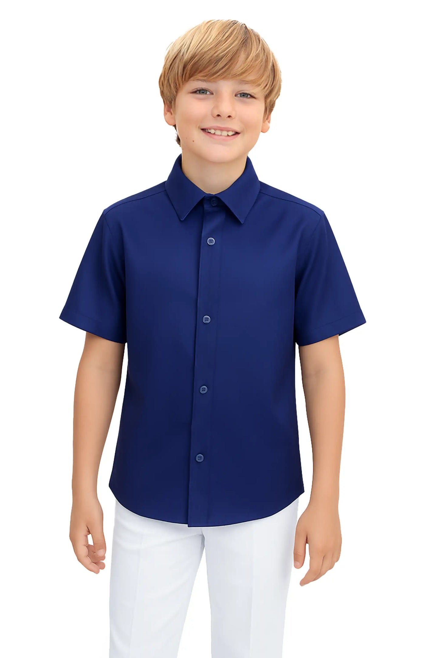 Boys Classic Short Sleeve Button Down Casual Solid Dress Shirt