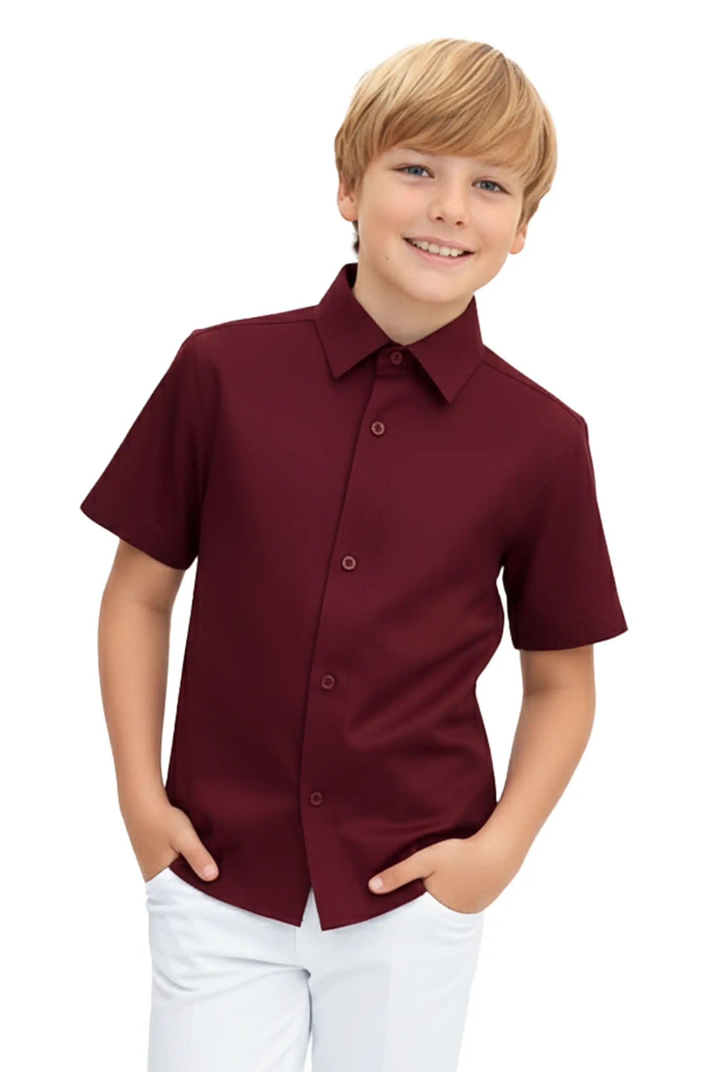 Boys Classic Short Sleeve Button Down Casual Solid Dress Shirt