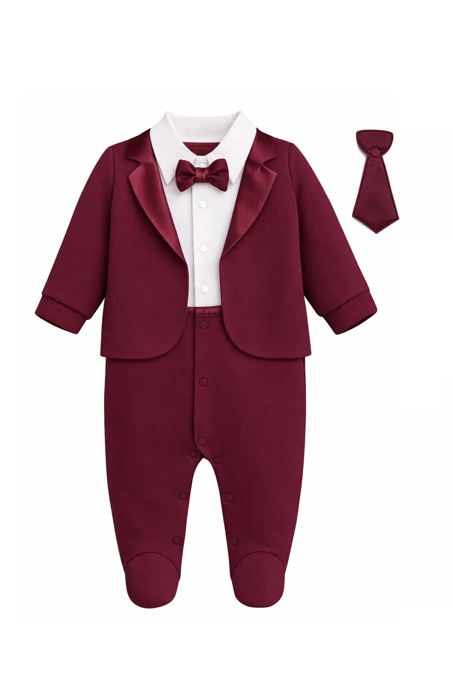 Baby Boy Tuxedo Romper Suit | Bow Tie & Necktie | 100% Cotton Footed Coverall