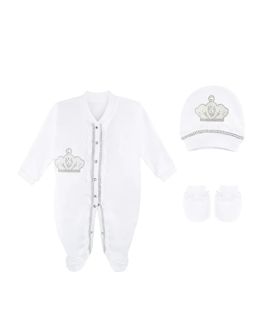 Jeweled Crown Layette Gift Set for Baby Girls: 3 Pieces