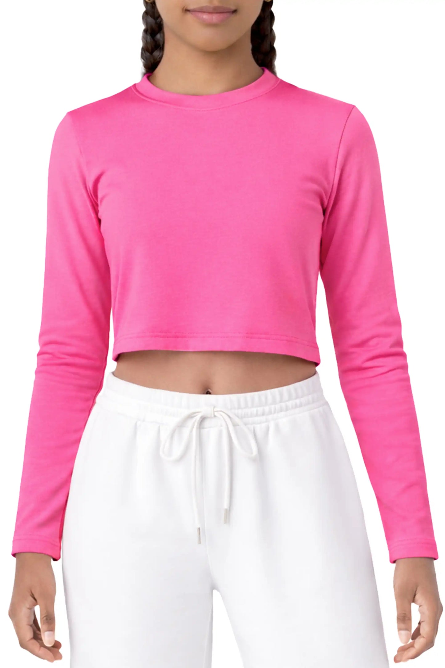 Girls' Long Sleeve Crop Top – Soft Cotton, 4-Way Stretch, Breathable Everyday Tee