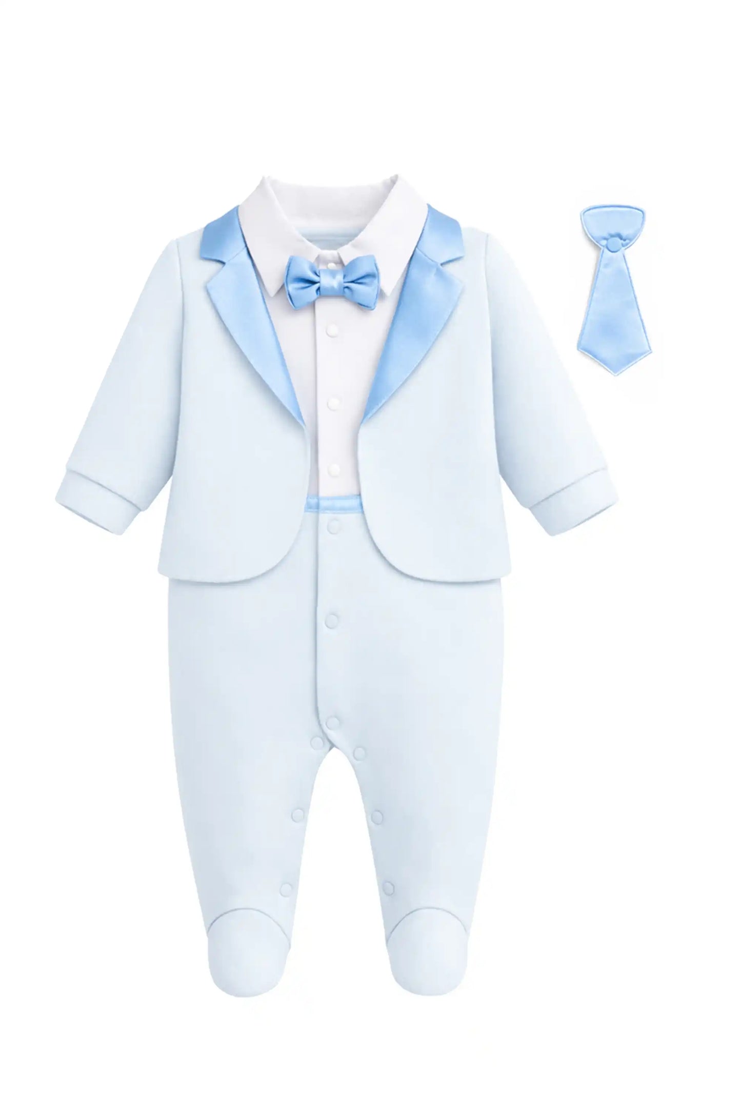 Baby Boy Tuxedo Romper Suit | Bow Tie & Necktie | 100% Cotton Footed Coverall