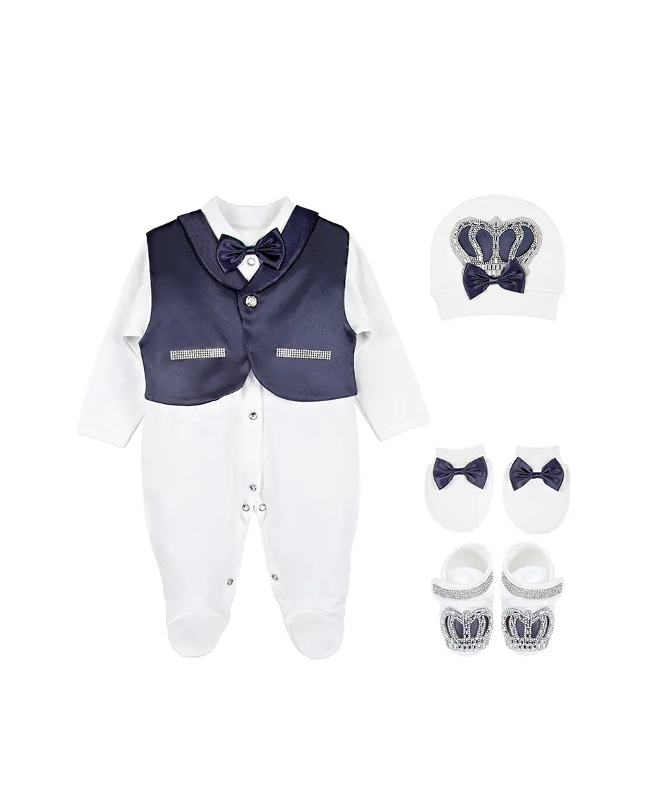 Regal and Handsome: 5-Piece Layette Gift Set with Jeweled Crown Tuxedo for Baby Boys (0-3 Months)
