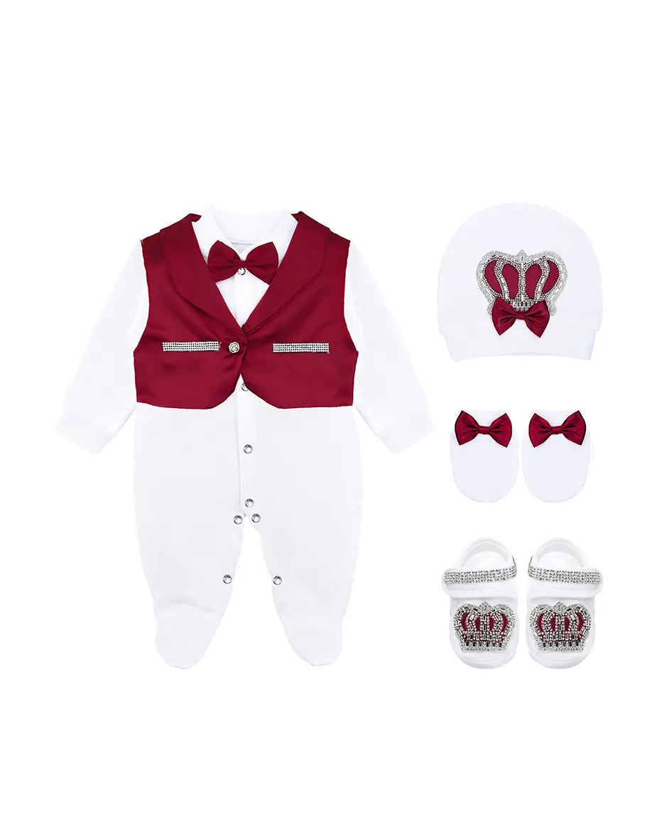 Regal and Handsome: 5-Piece Layette Gift Set with Jeweled Crown Tuxedo for Baby Boys (0-3 Months)