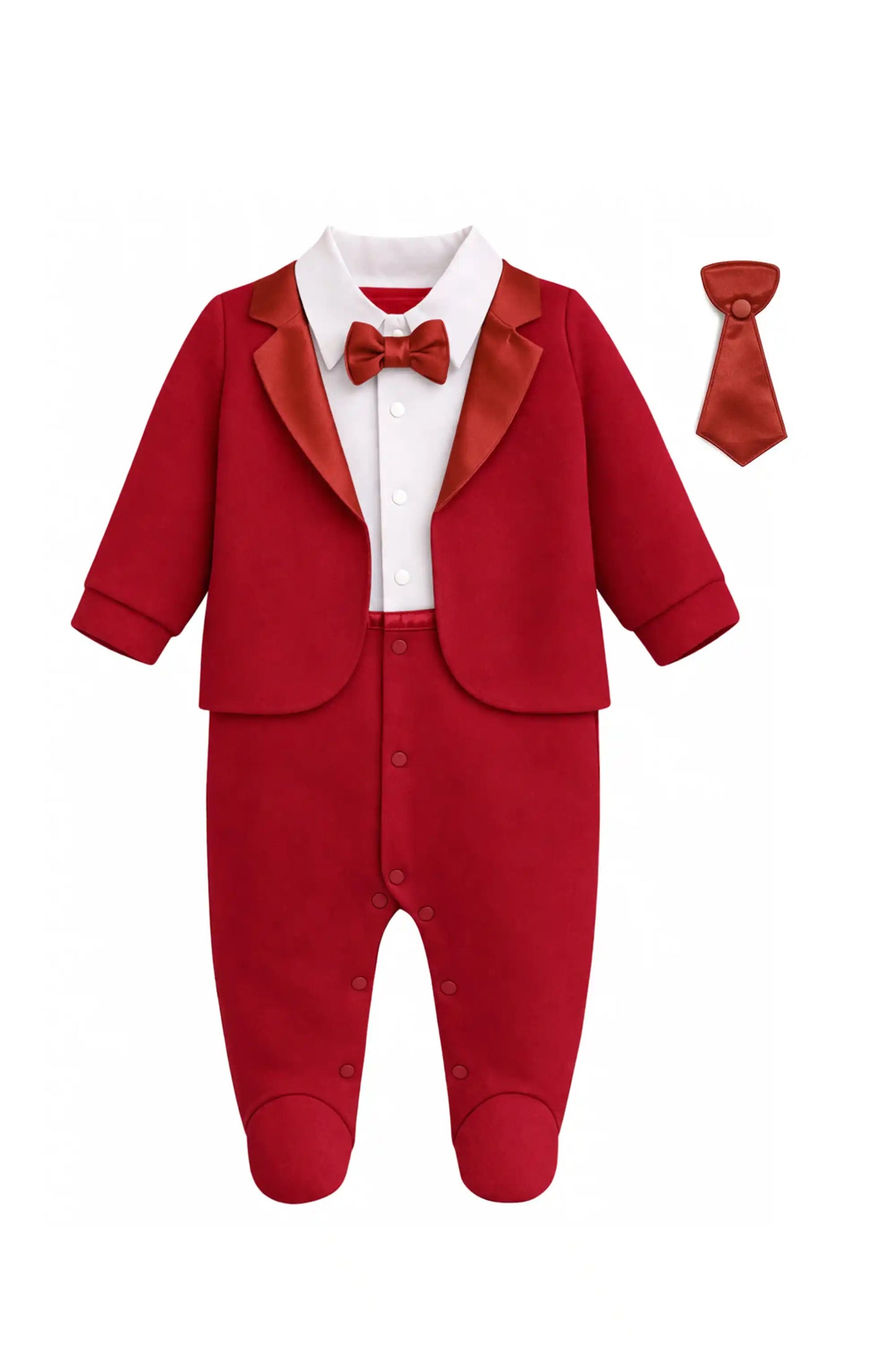 Baby Boy Tuxedo Romper Suit | Bow Tie & Necktie | 100% Cotton Footed Coverall