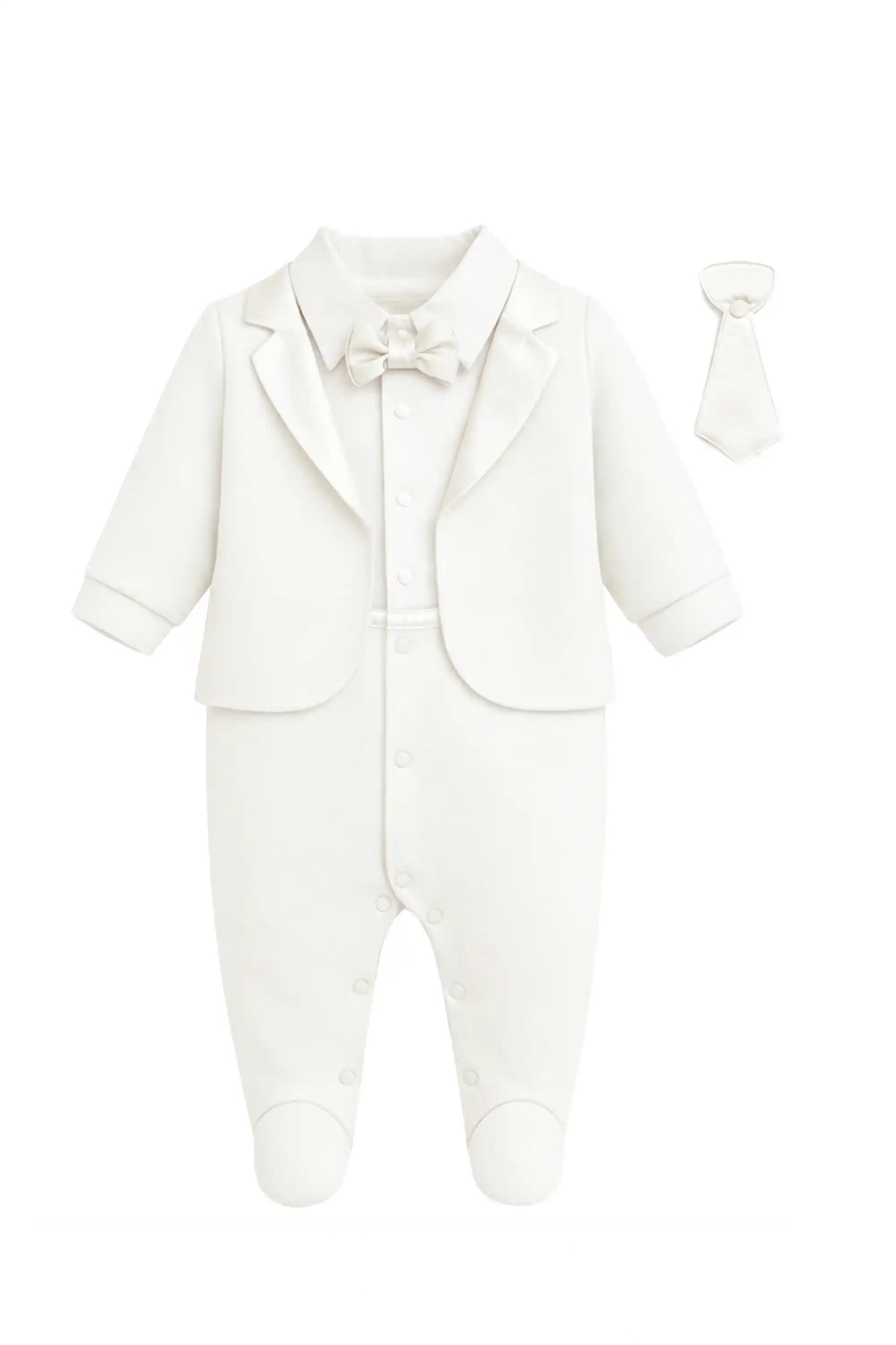 Baby Boy Tuxedo Romper Suit | Bow Tie & Necktie | 100% Cotton Footed Coverall