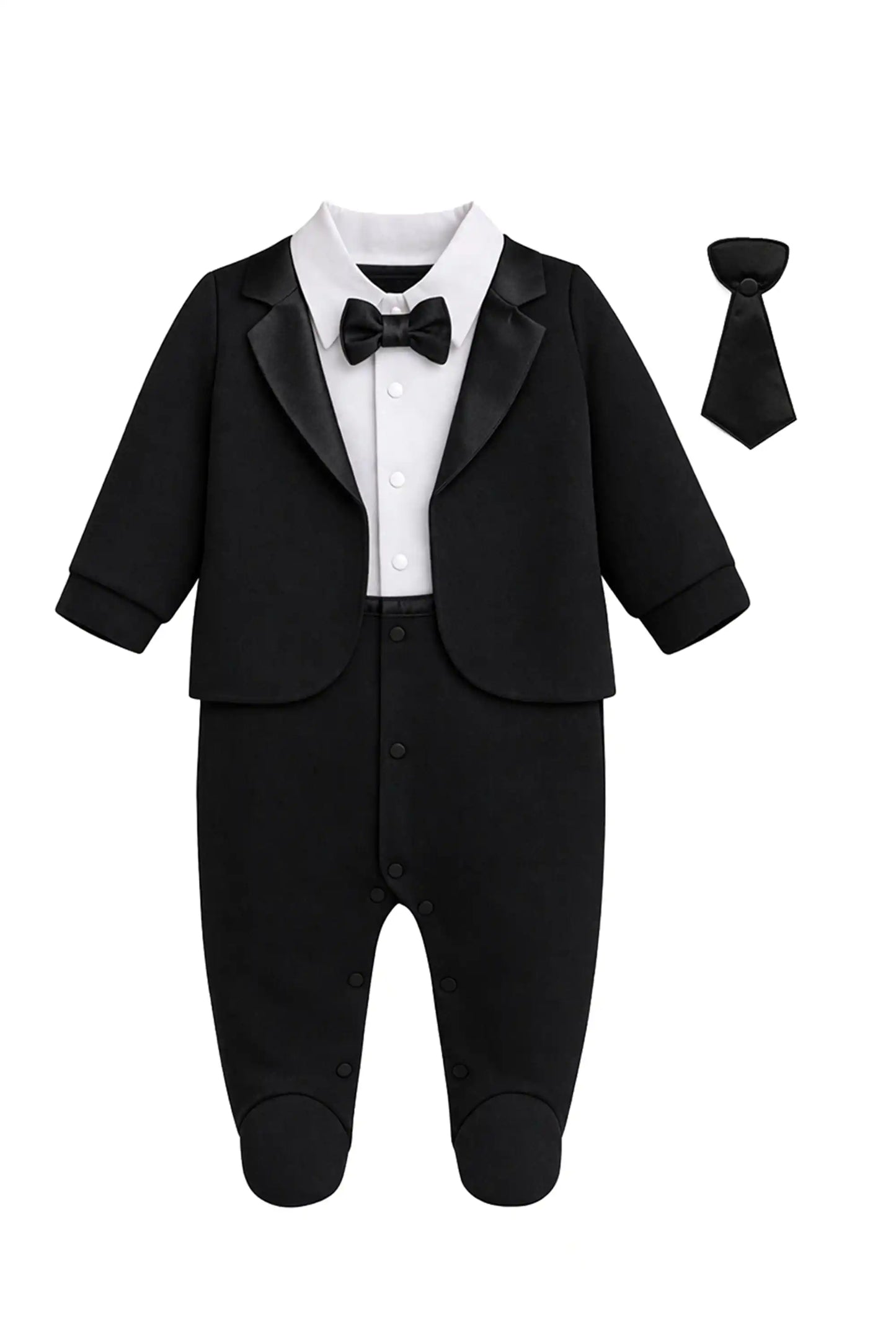 Baby Boy Tuxedo Romper Suit | Bow Tie & Necktie | 100% Cotton Footed Coverall