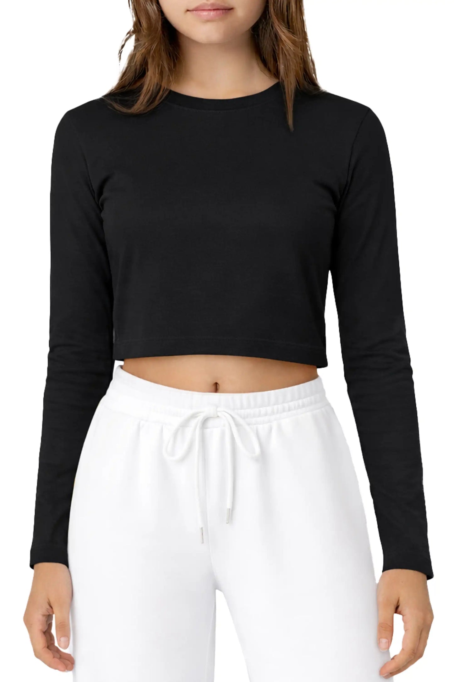 Girls' Long Sleeve Crop Top – Soft Cotton, 4-Way Stretch, Breathable Everyday Tee