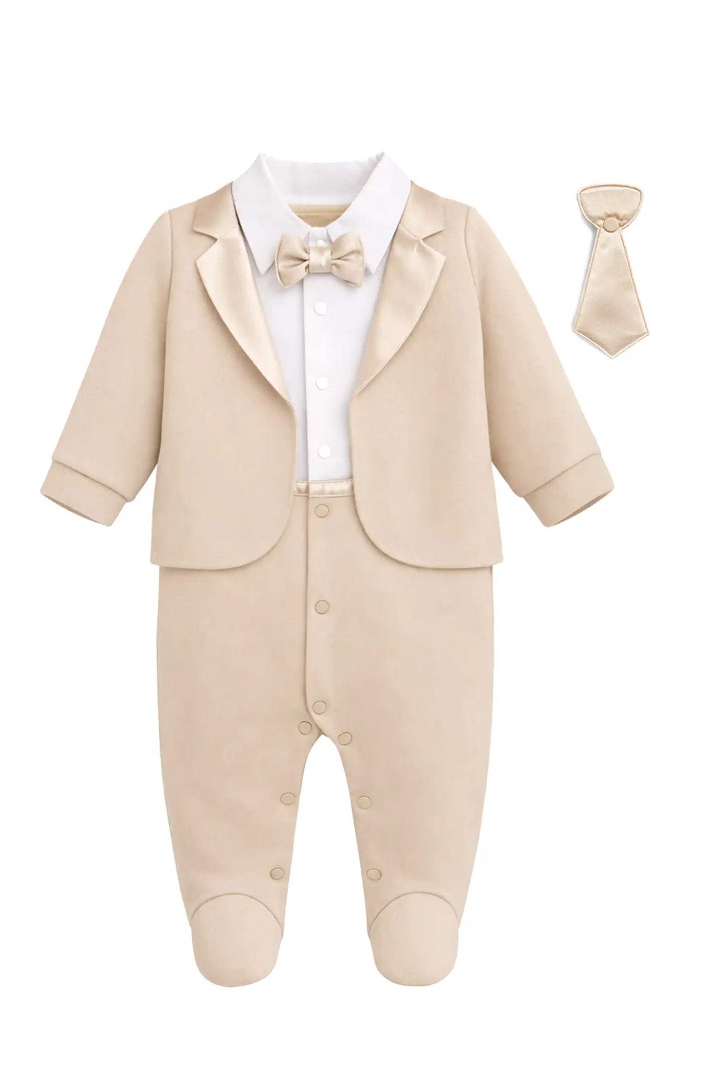 Baby Boy Tuxedo Romper Suit | Bow Tie & Necktie | 100% Cotton Footed Coverall