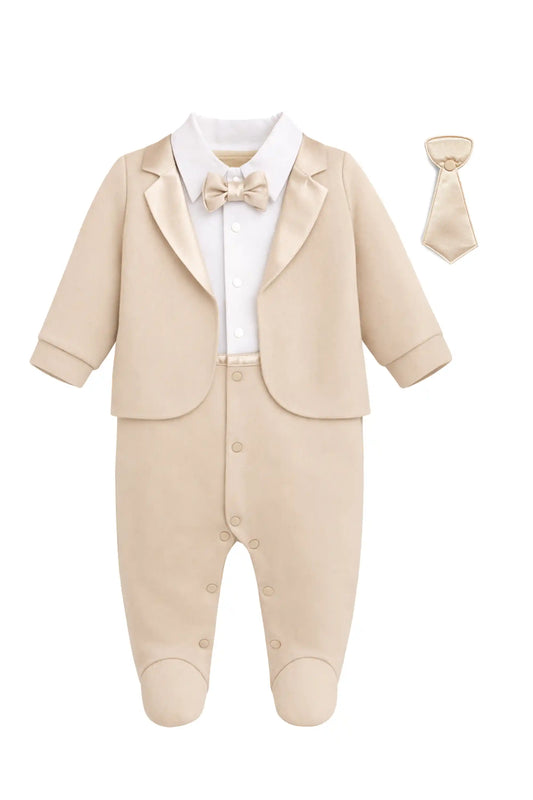 Baby Boy Tuxedo Romper Suit | Bow Tie & Necktie | 100% Cotton Footed Coverall