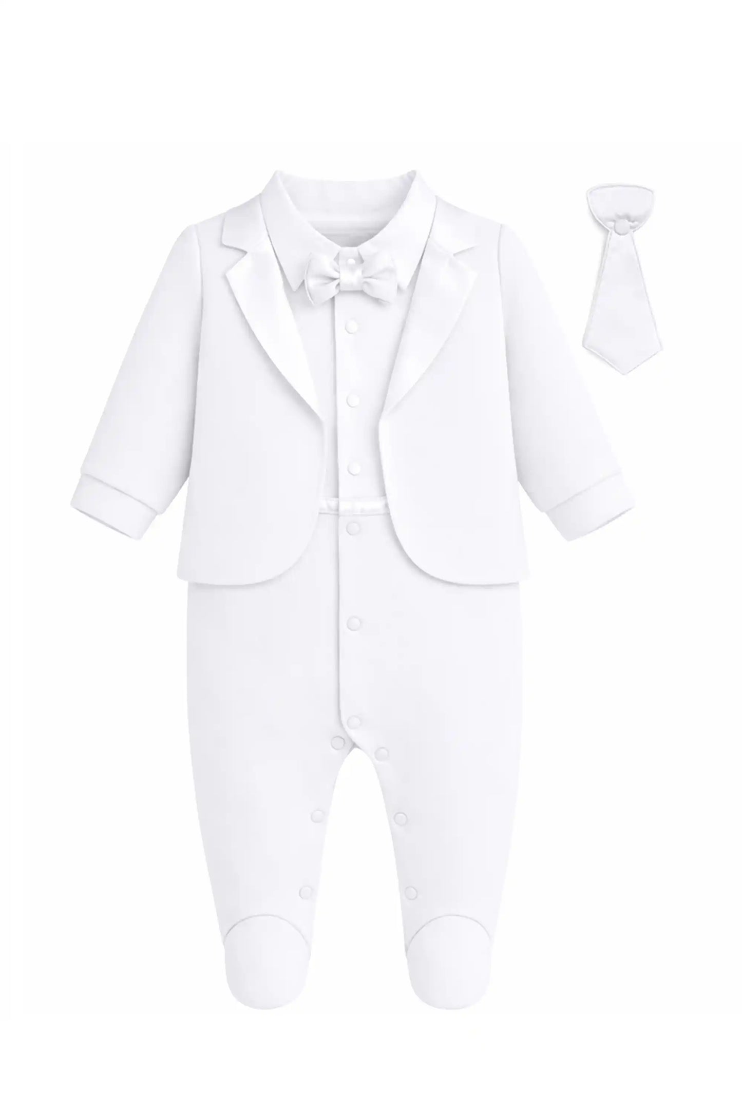 Baby Boy Tuxedo Romper Suit | Bow Tie & Necktie | 100% Cotton Footed Coverall