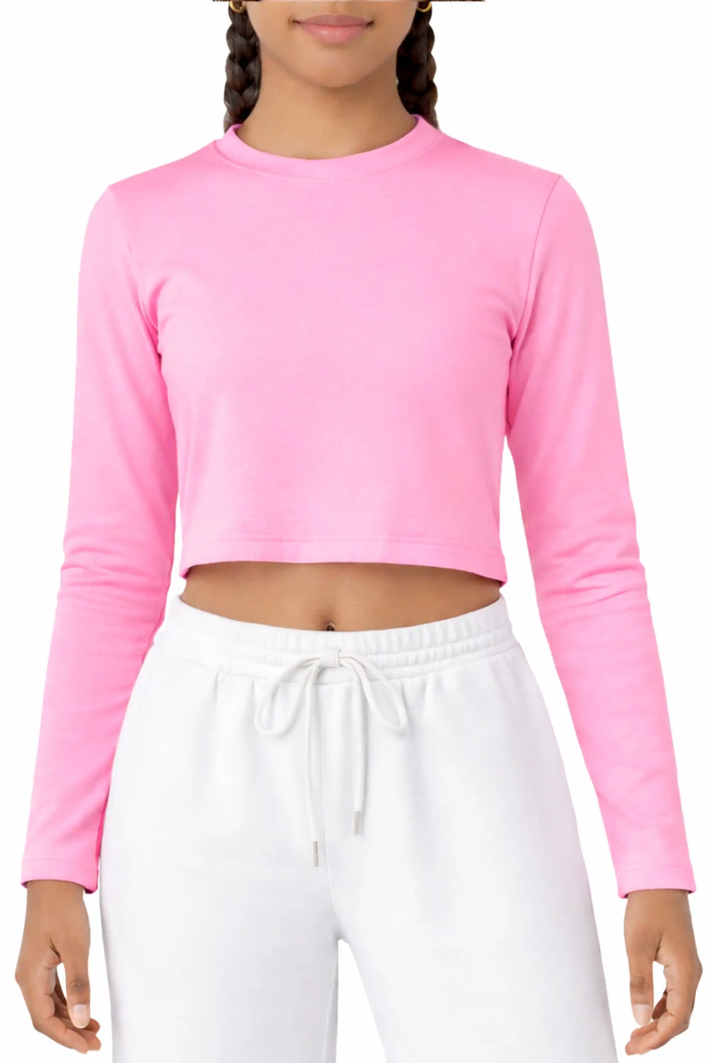 Girls' Long Sleeve Crop Top – Soft Cotton, 4-Way Stretch, Breathable Everyday Tee