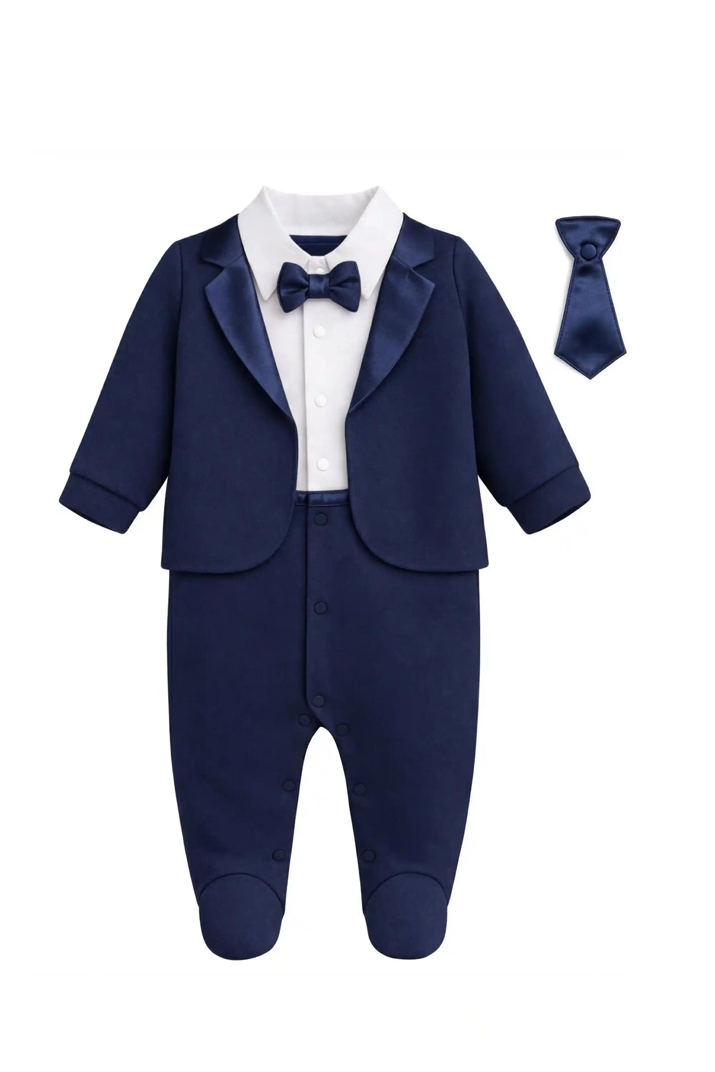 Baby Boy Tuxedo Romper Suit | Bow Tie & Necktie | 100% Cotton Footed Coverall
