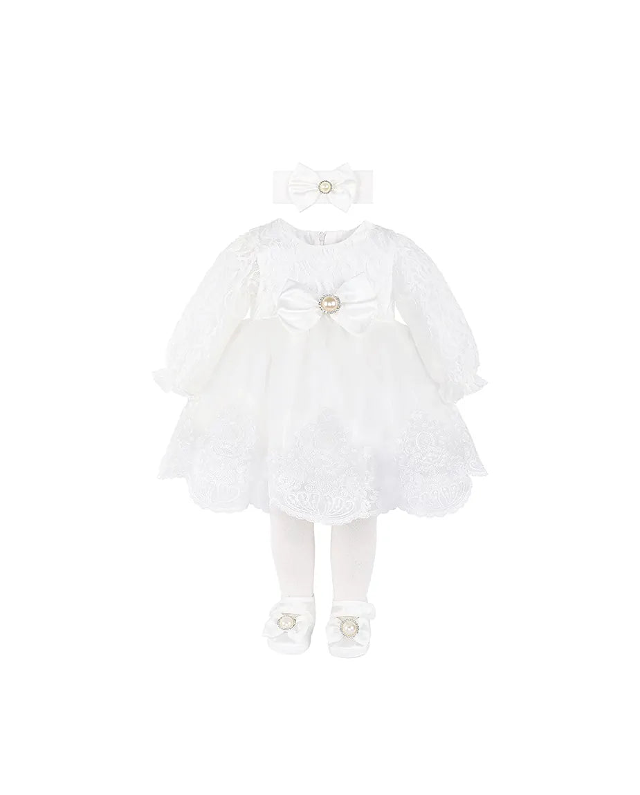 Baby Girls White Lace & Satin Christening Dress Set