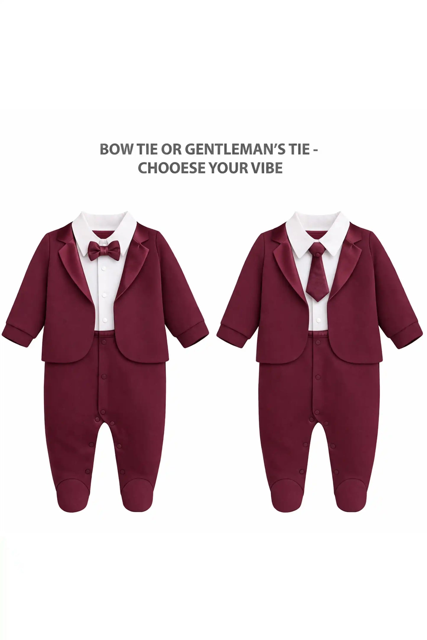 Baby Boy Tuxedo Romper Suit | Bow Tie & Necktie | 100% Cotton Footed Coverall