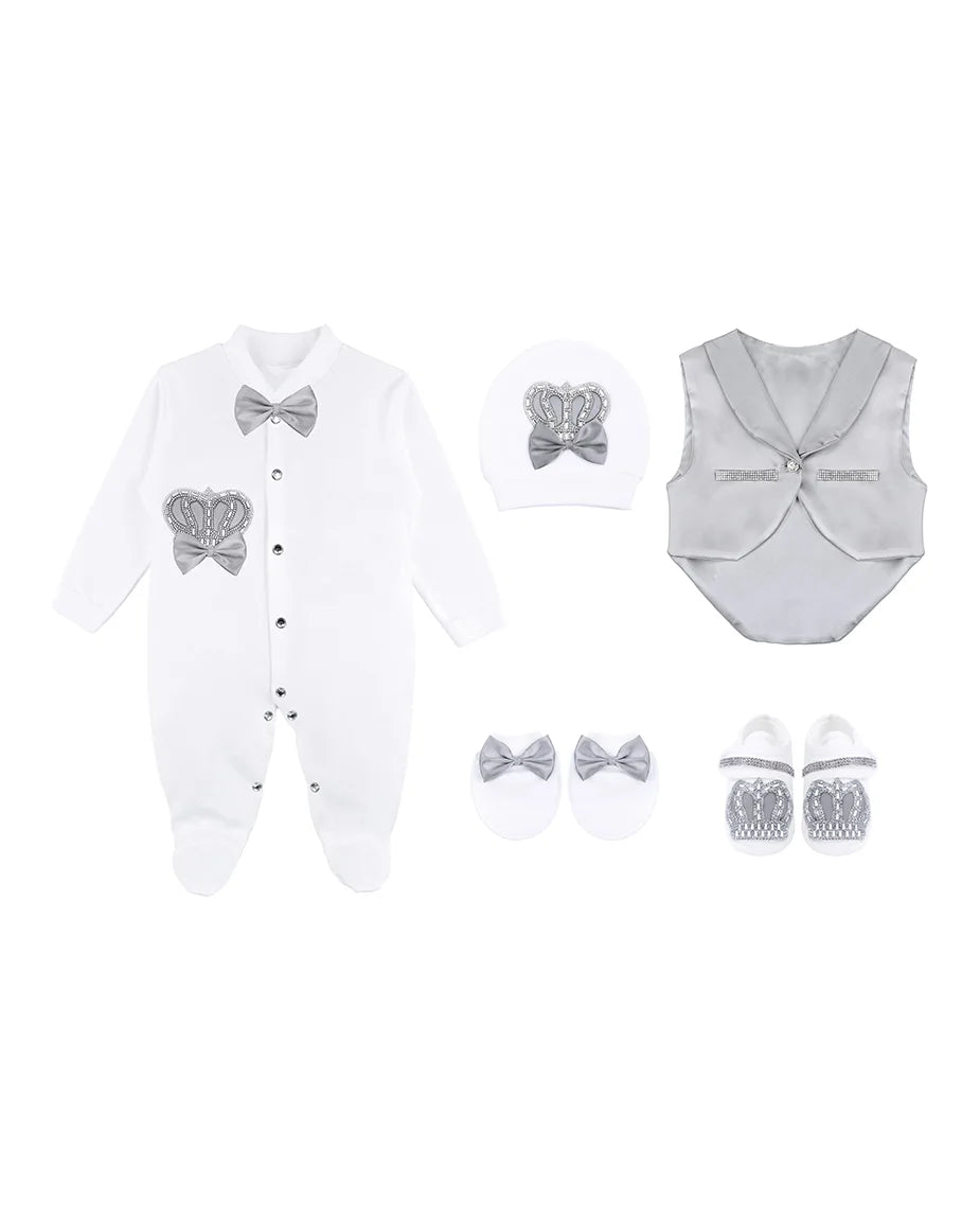 Regal and Handsome: 5-Piece Layette Gift Set with Jeweled Crown Tuxedo for Baby Boys (0-3 Months)