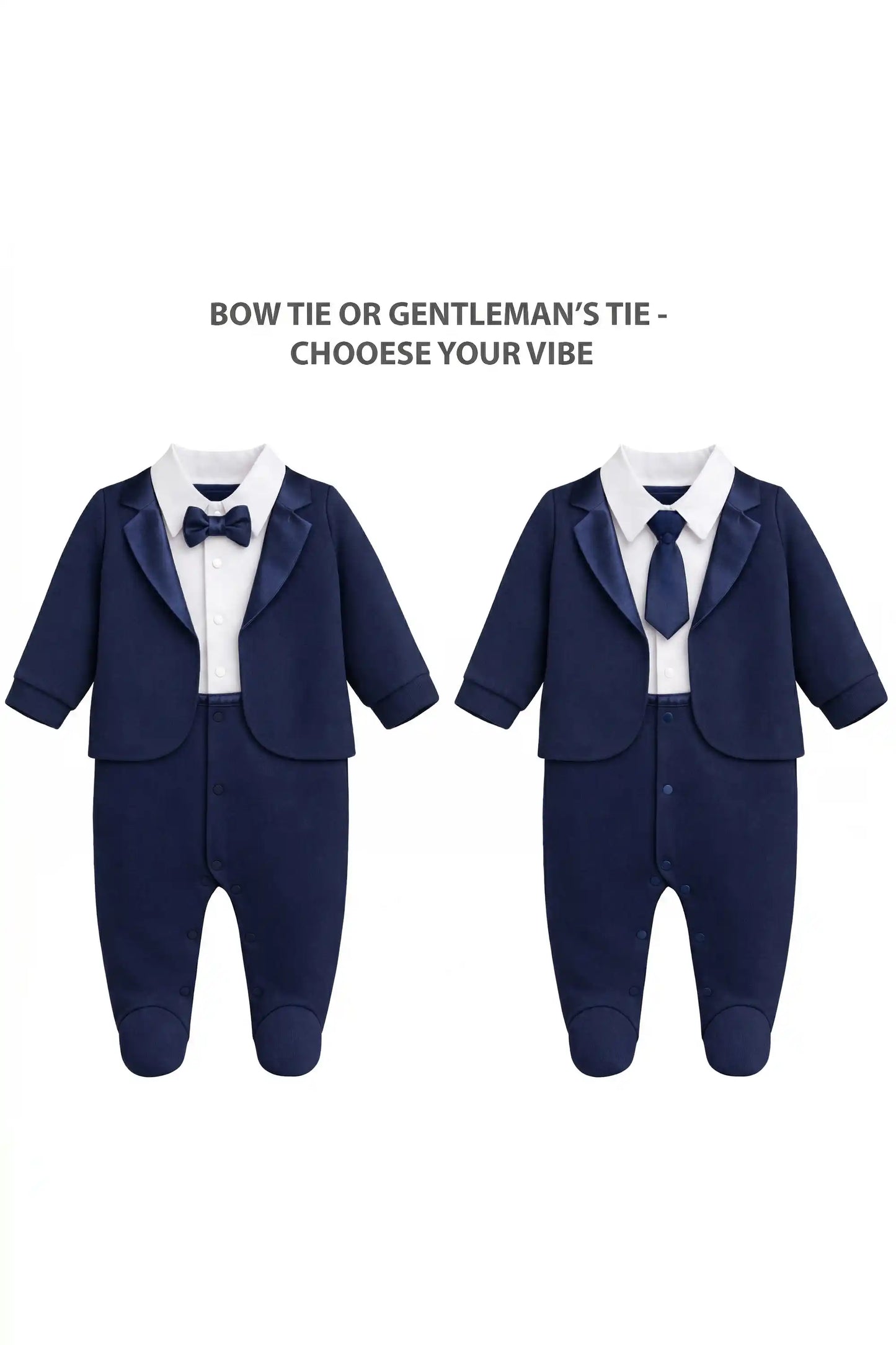 Baby Boy Tuxedo Romper Suit | Bow Tie & Necktie | 100% Cotton Footed Coverall
