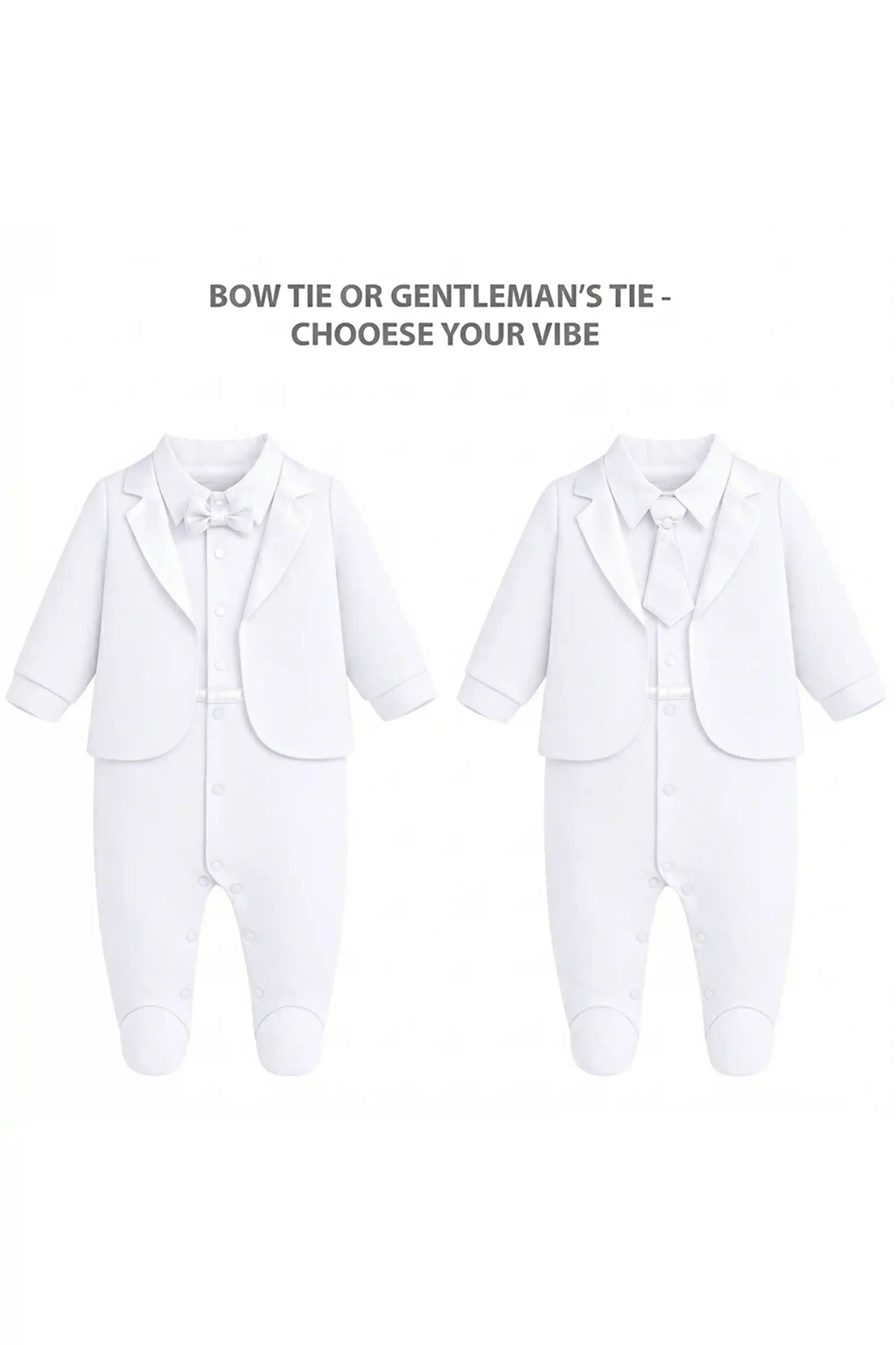 Baby Boy Tuxedo Romper Suit | Bow Tie & Necktie | 100% Cotton Footed Coverall