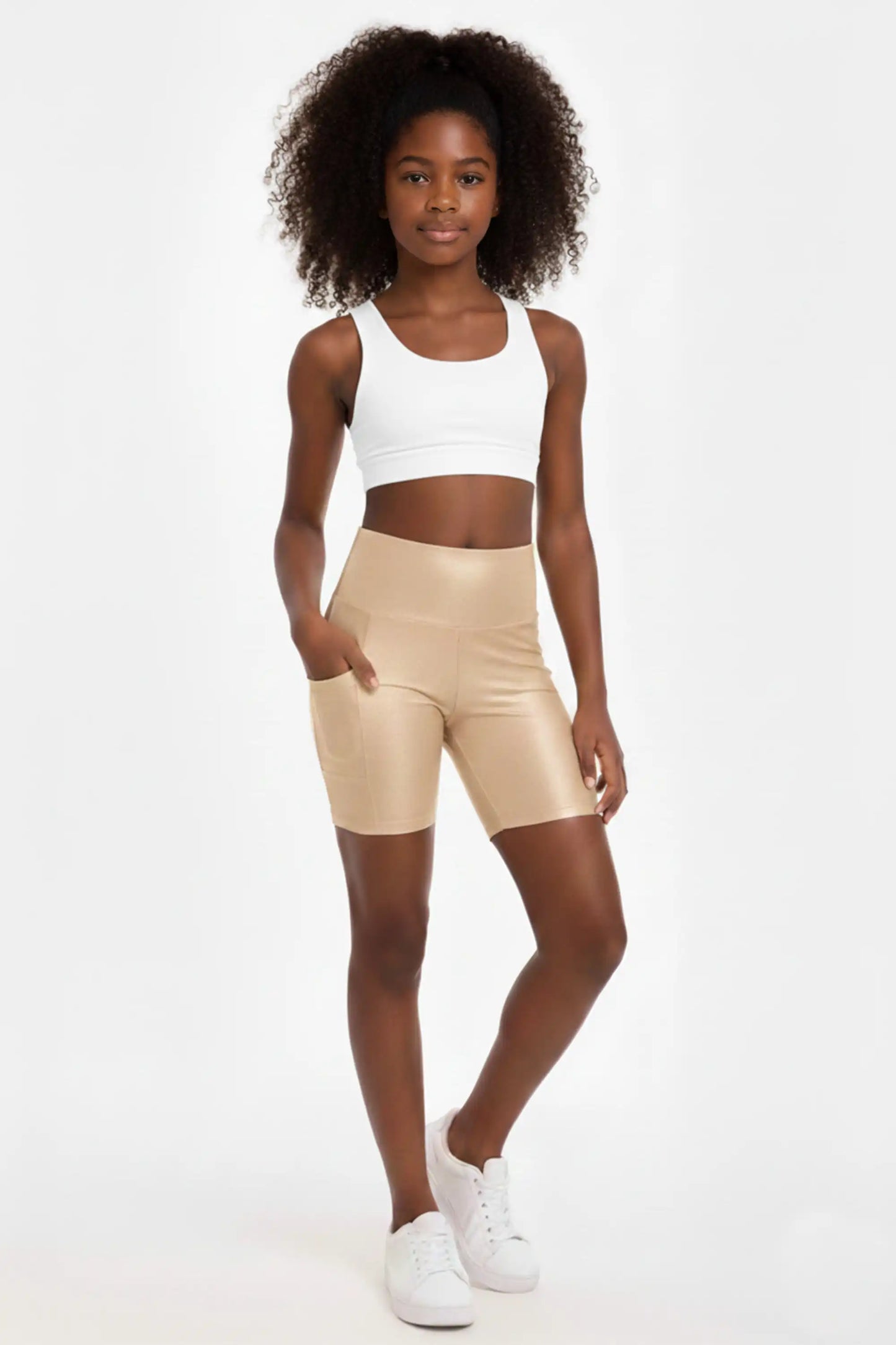 Girls Athletic Shorts with Pocket High Waisted Biker Shorts for Dance Yoga Gymnastics