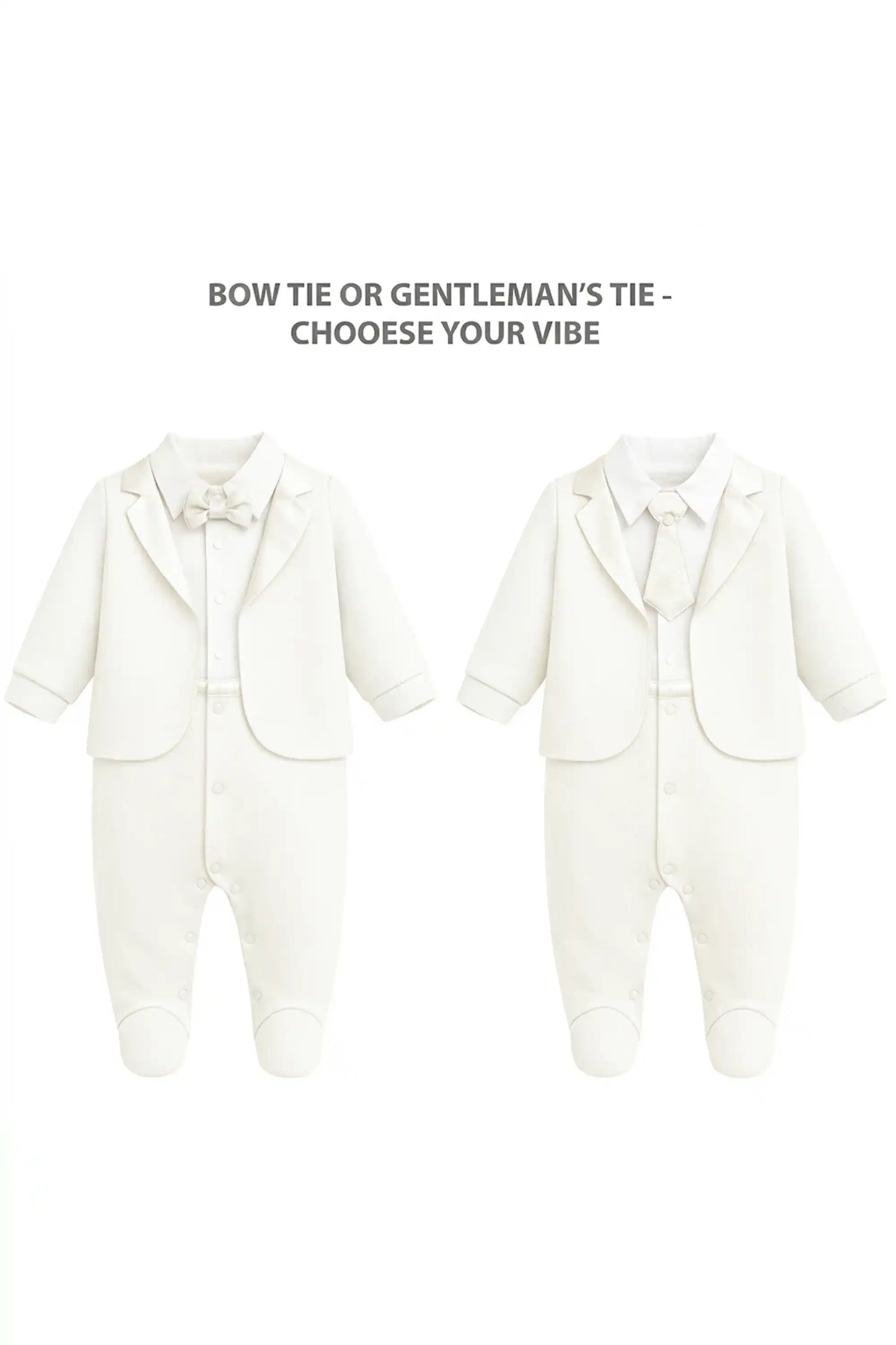 Baby Boy Tuxedo Romper Suit | Bow Tie & Necktie | 100% Cotton Footed Coverall