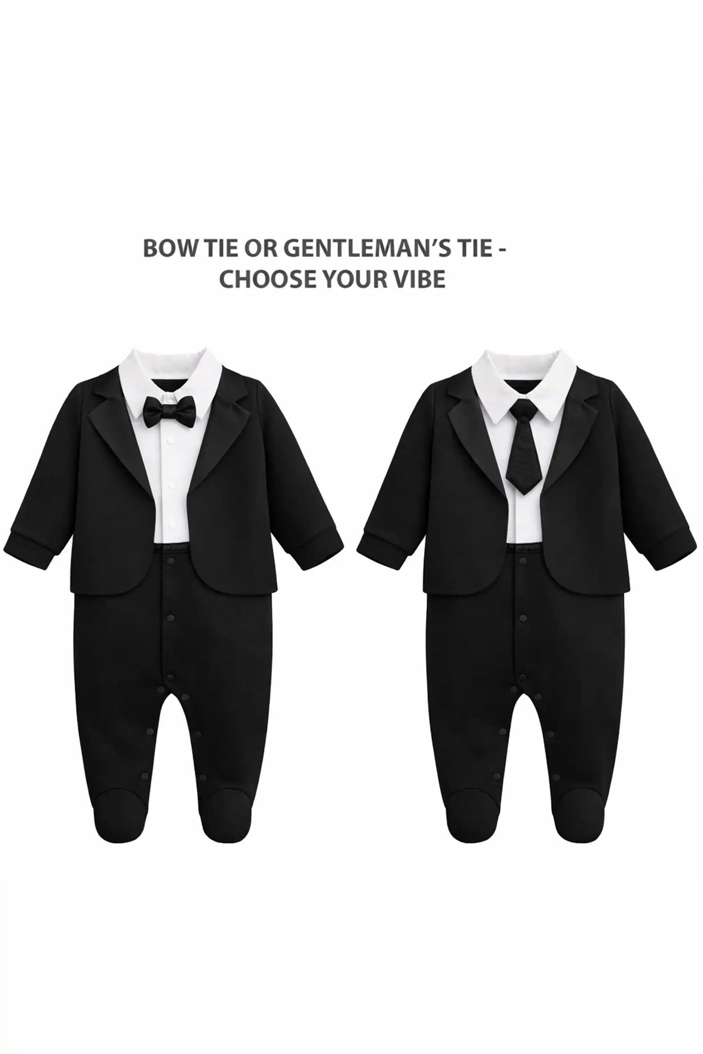Baby Boy Tuxedo Romper Suit | Bow Tie & Necktie | 100% Cotton Footed Coverall