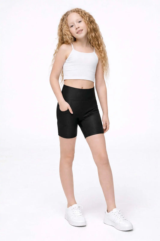 Girls Athletic Shorts with Pocket High Waisted Biker Shorts for Dance Yoga Gymnastics