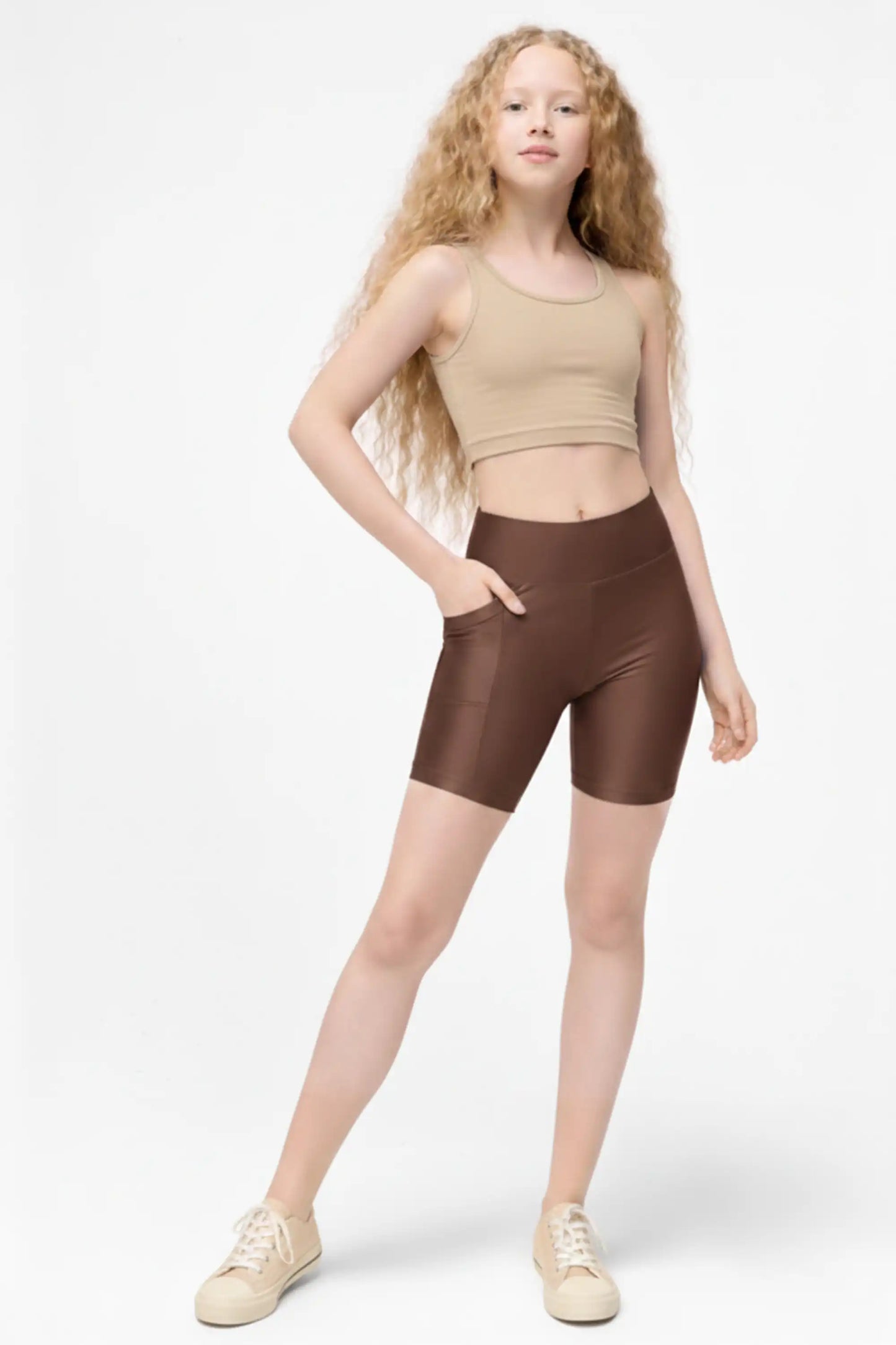 Girls Athletic Shorts with Pocket High Waisted Biker Shorts for Dance Yoga Gymnastics