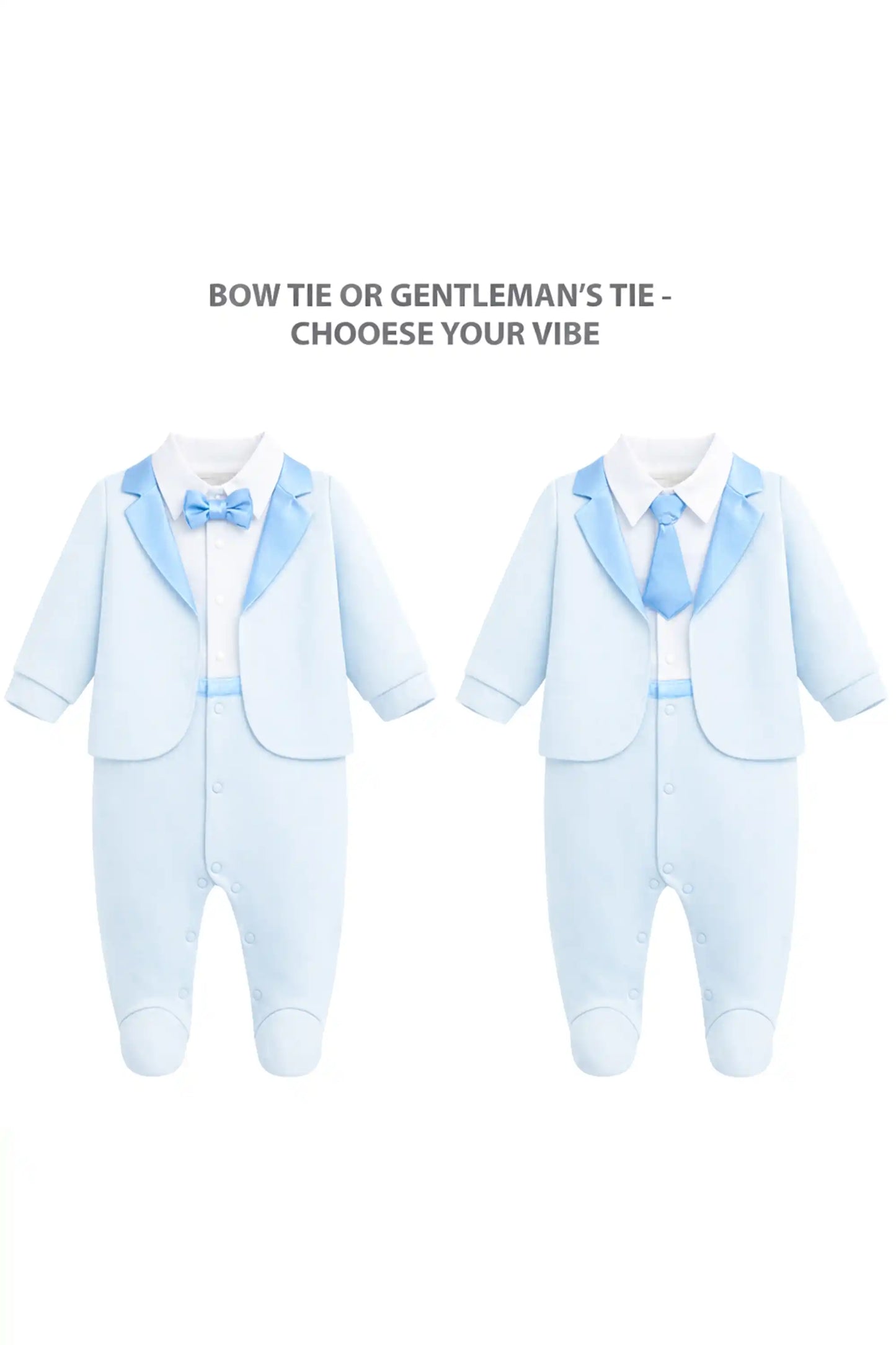 Baby Boy Tuxedo Romper Suit | Bow Tie & Necktie | 100% Cotton Footed Coverall
