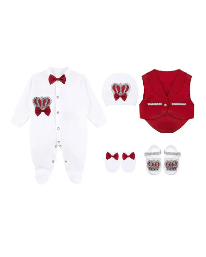 Regal and Handsome: 5-Piece Layette Gift Set with Jeweled Crown Tuxedo for Baby Boys (0-3 Months)