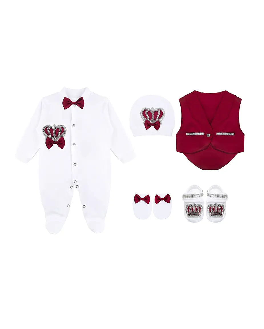 Regal and Handsome: 5-Piece Layette Gift Set with Jeweled Crown Tuxedo for Baby Boys (0-3 Months)