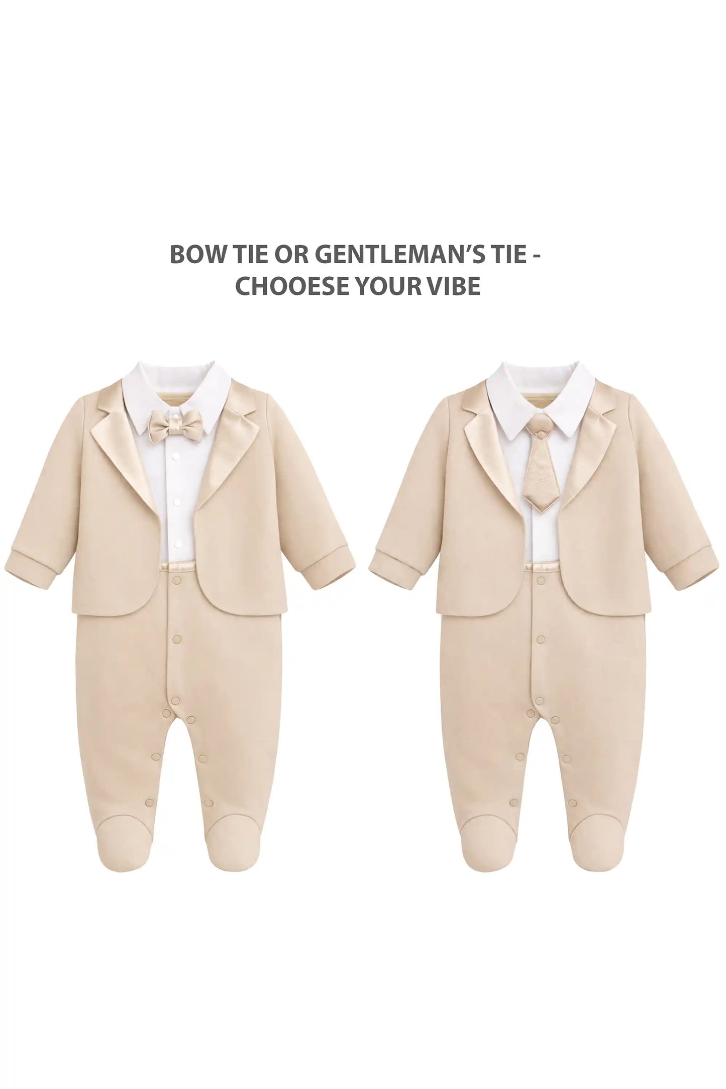 Baby Boy Tuxedo Romper Suit | Bow Tie & Necktie | 100% Cotton Footed Coverall