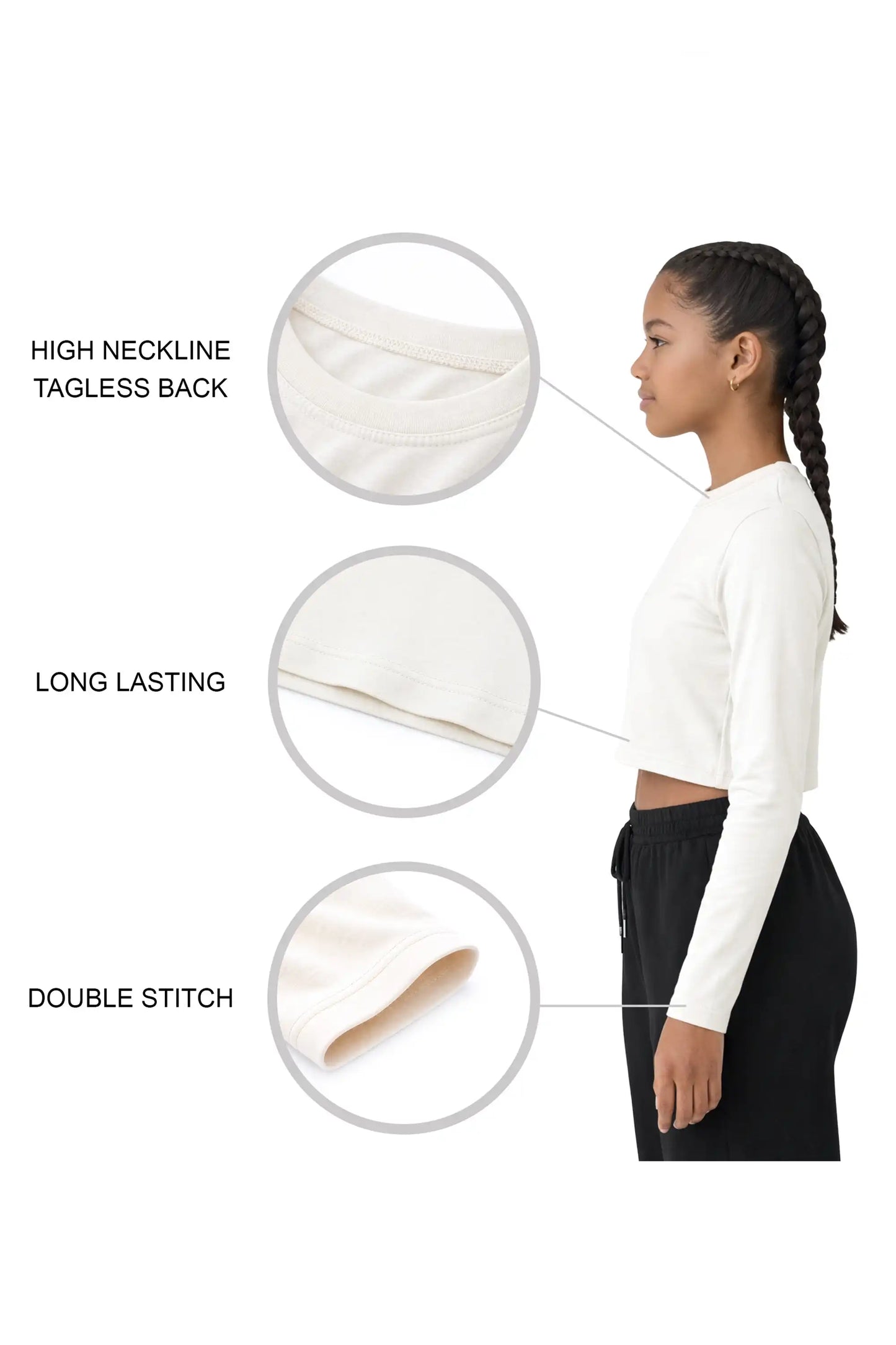 Girls' Long Sleeve Crop Top – Soft Cotton, 4-Way Stretch, Breathable Everyday Tee