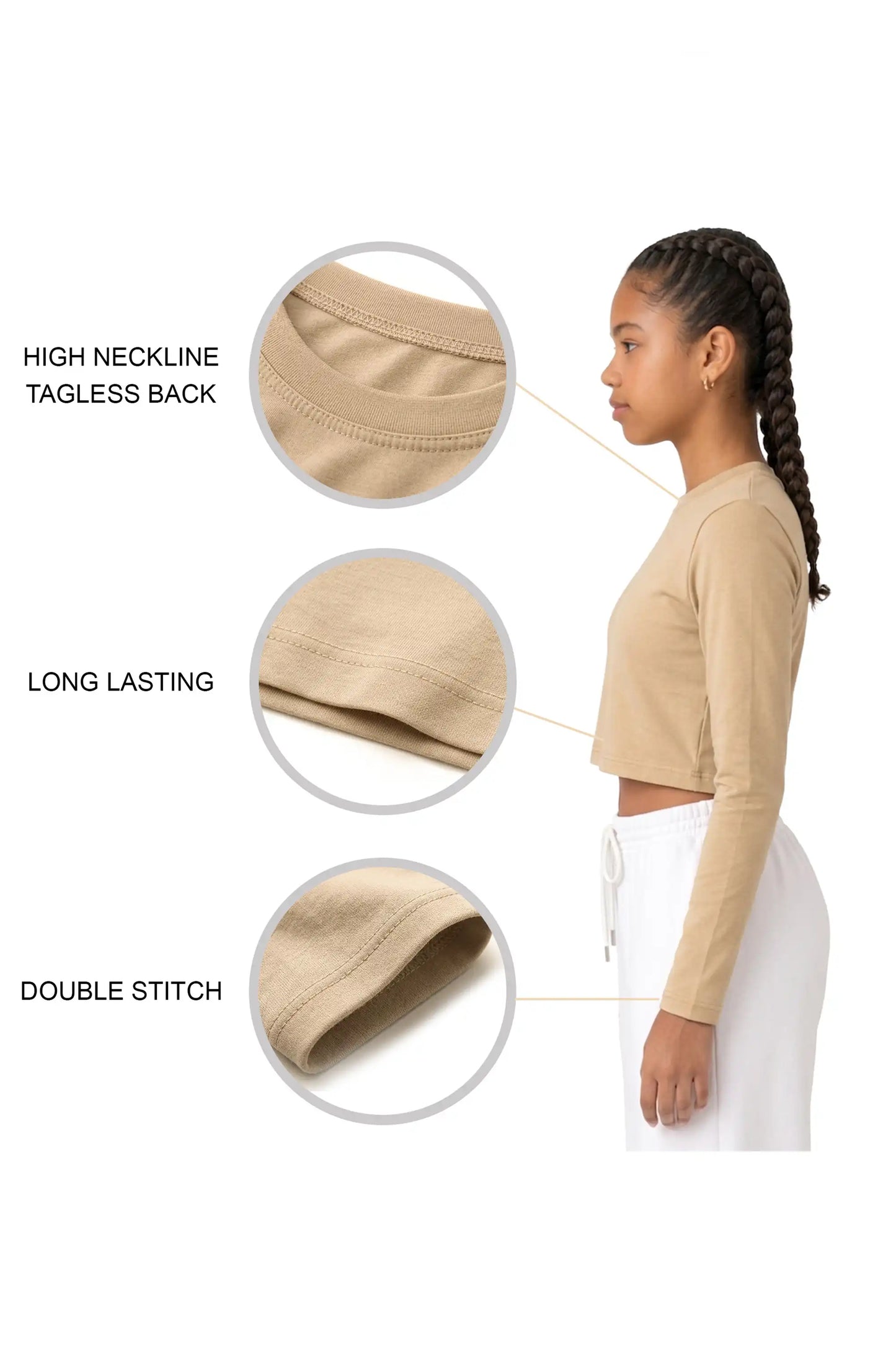 Girls' Long Sleeve Crop Top – Soft Cotton, 4-Way Stretch, Breathable Everyday Tee