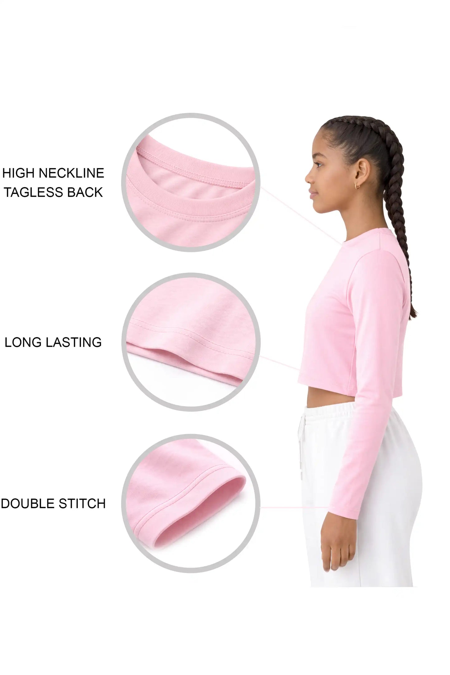 Girls' Long Sleeve Crop Top – Soft Cotton, 4-Way Stretch, Breathable Everyday Tee