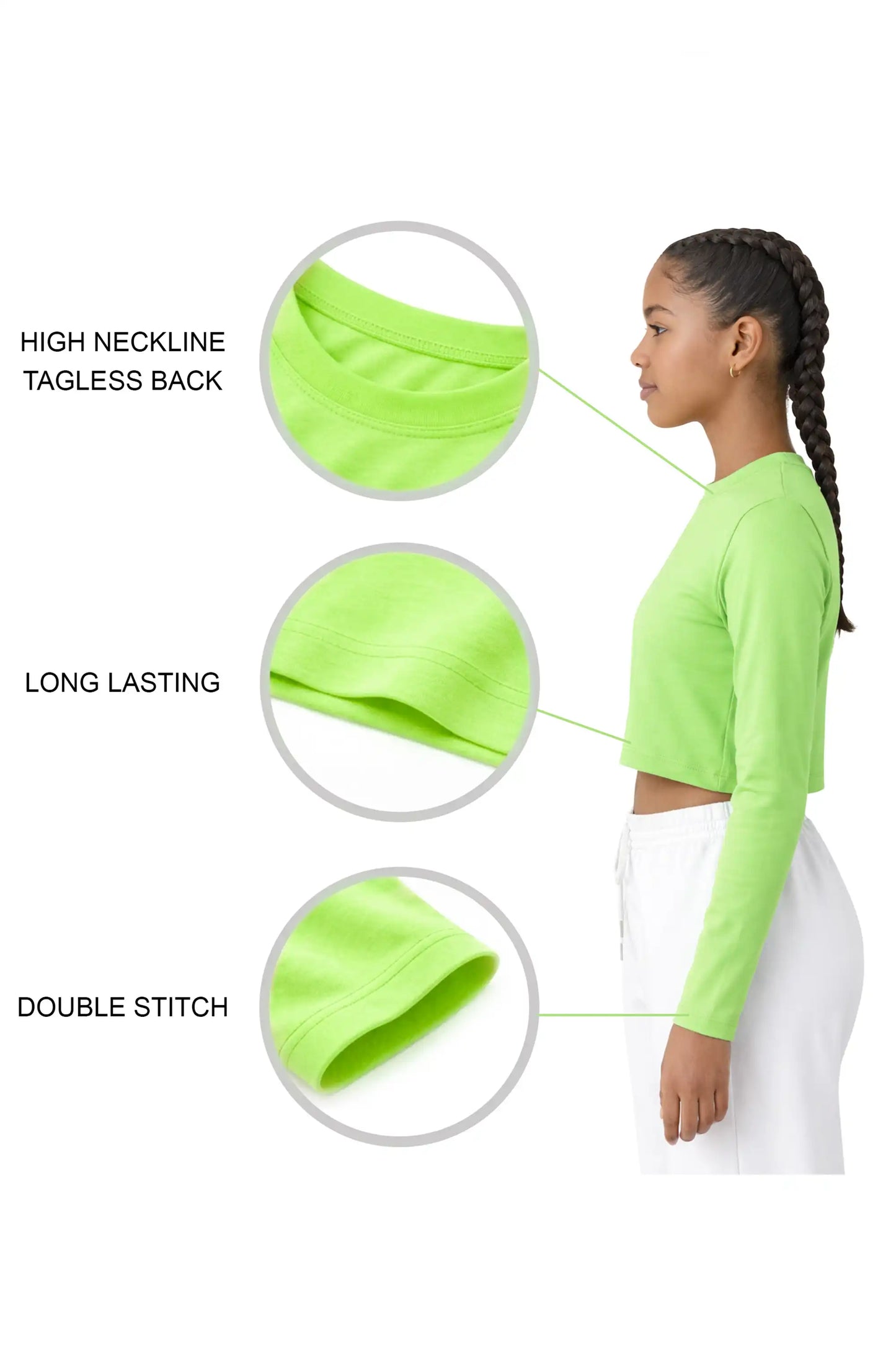 Girls' Long Sleeve Crop Top – Soft Cotton, 4-Way Stretch, Breathable Everyday Tee