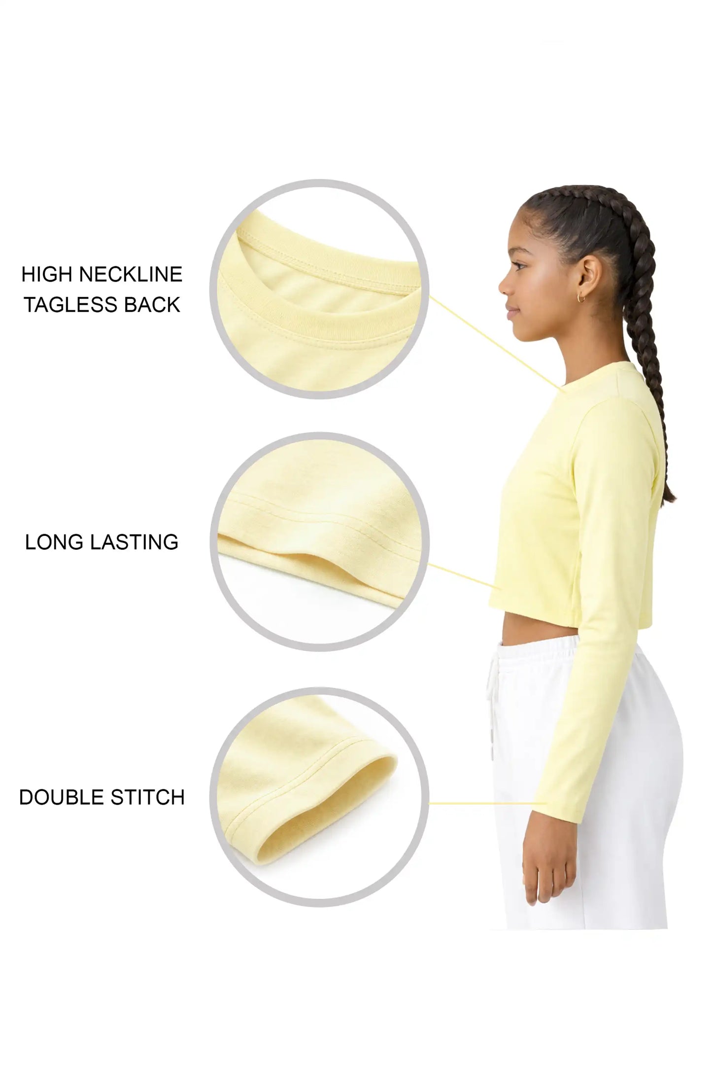 Girls' Long Sleeve Crop Top – Soft Cotton, 4-Way Stretch, Breathable Everyday Tee