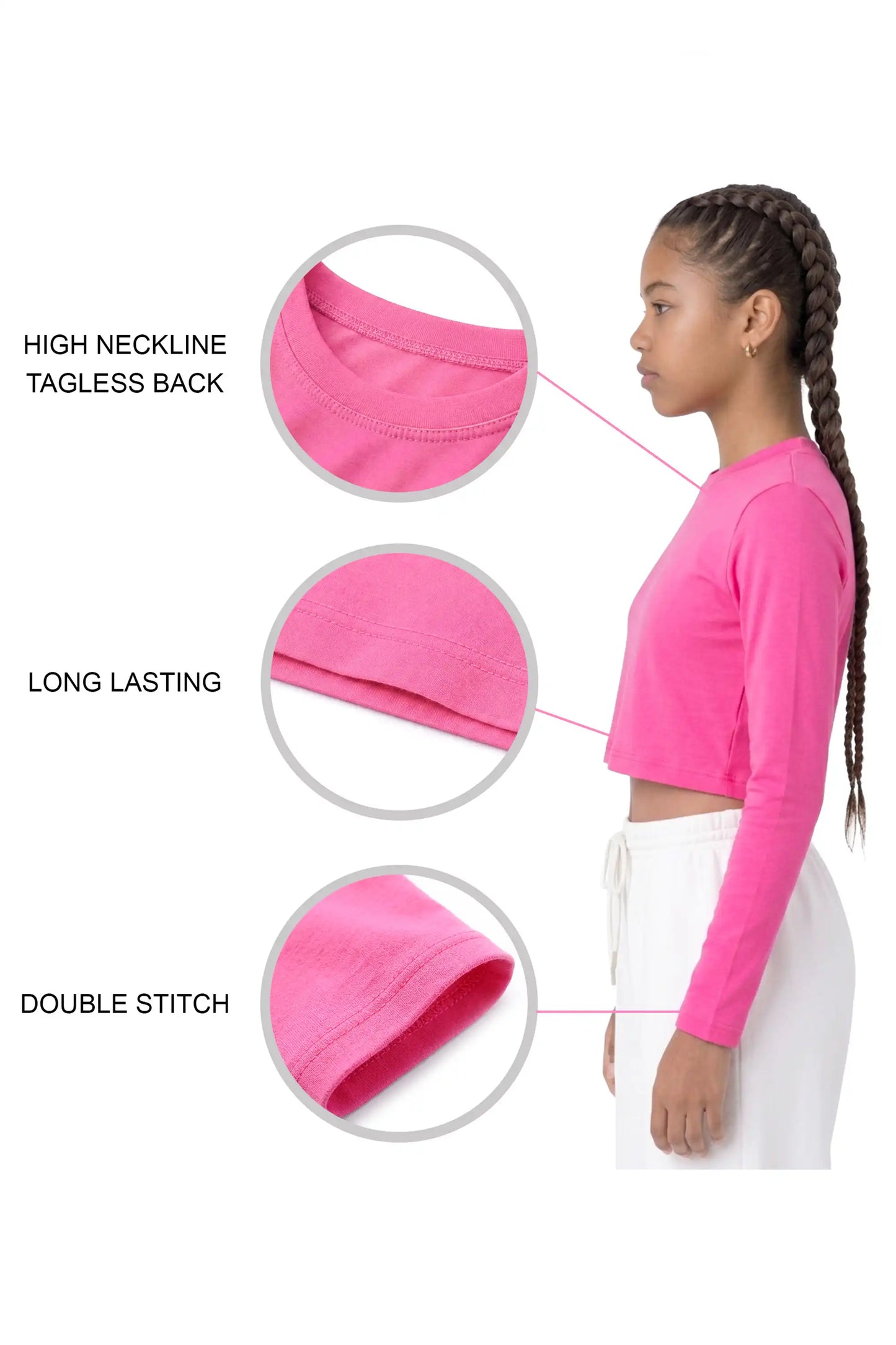 Girls' Long Sleeve Crop Top – Soft Cotton, 4-Way Stretch, Breathable Everyday Tee