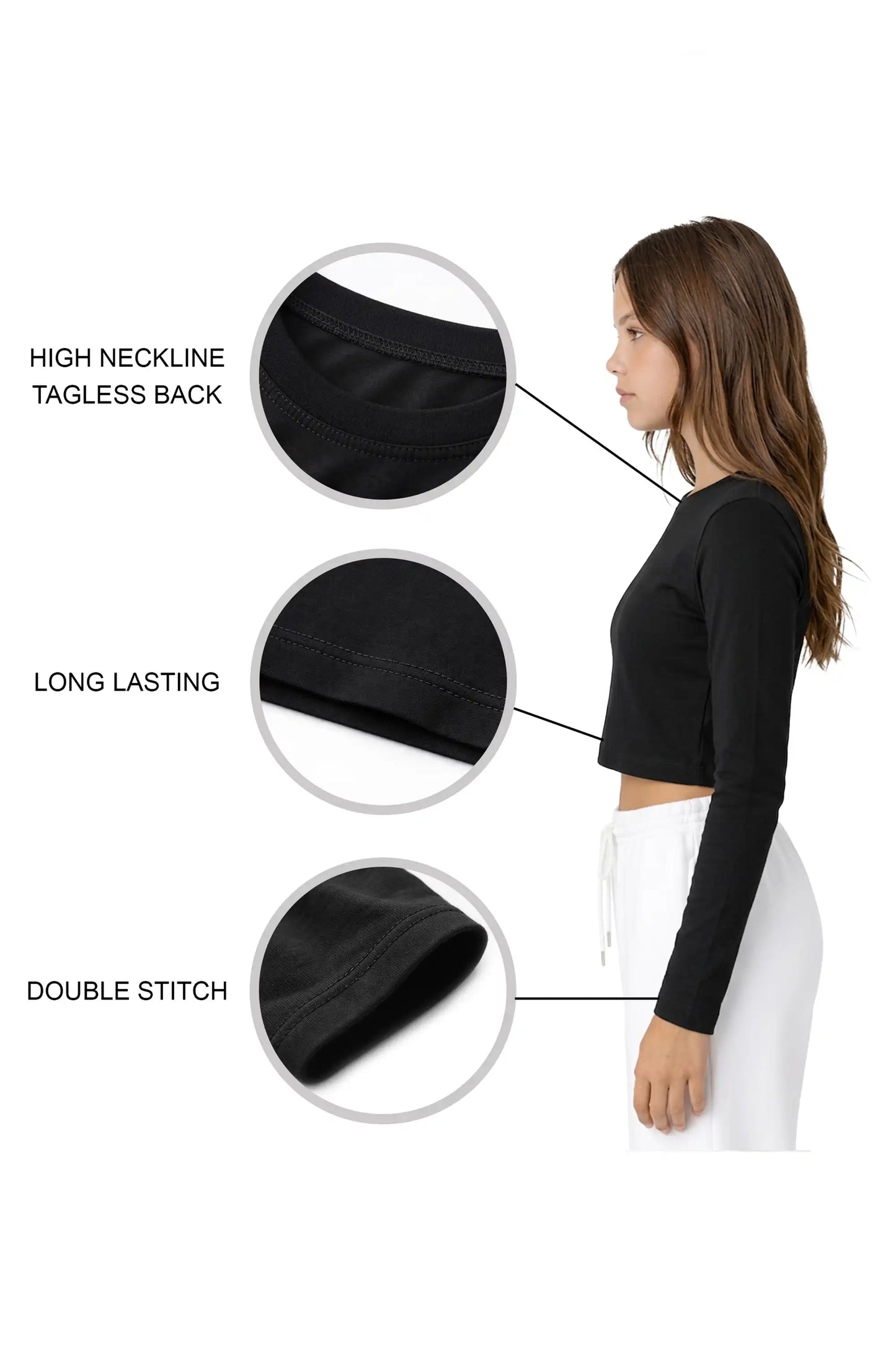 Girls' Long Sleeve Crop Top – Soft Cotton, 4-Way Stretch, Breathable Everyday Tee