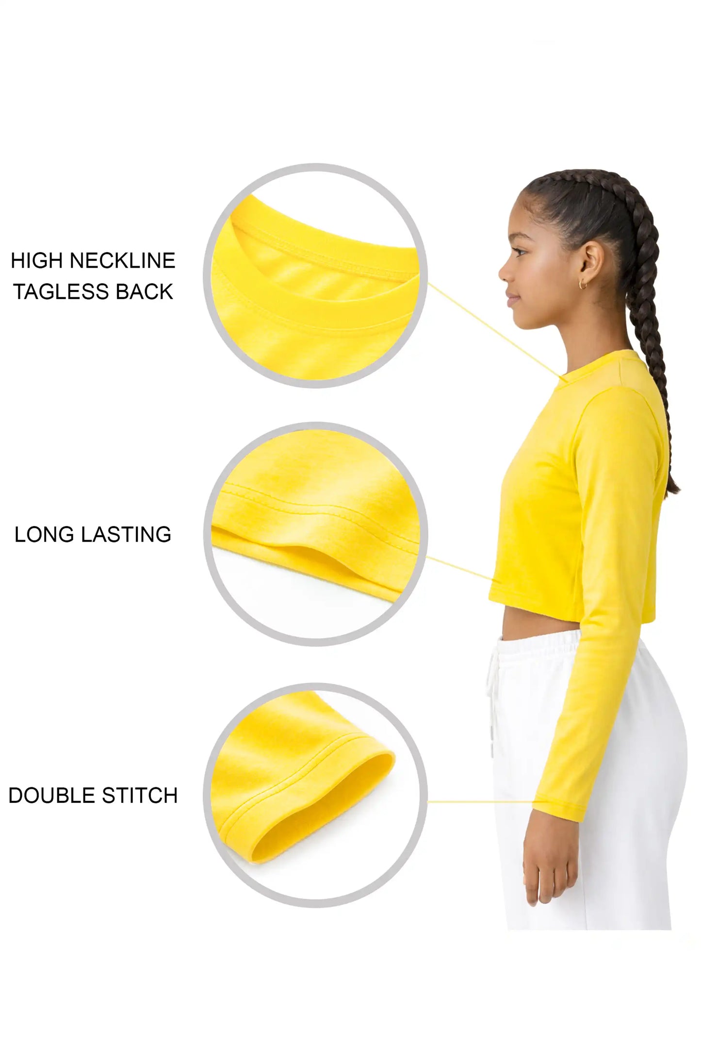 Girls' Long Sleeve Crop Top – Soft Cotton, 4-Way Stretch, Breathable Everyday Tee