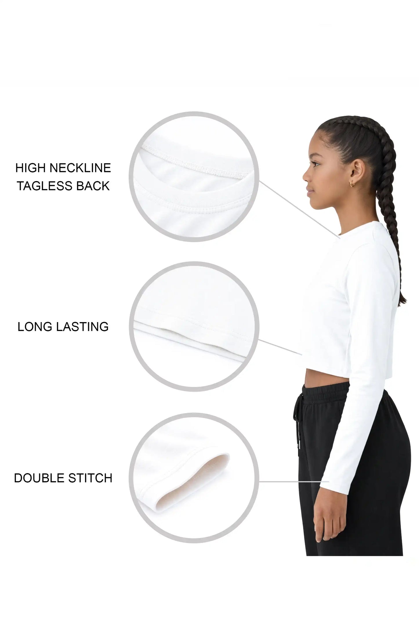 Girls' Long Sleeve Crop Top – Soft Cotton, 4-Way Stretch, Breathable Everyday Tee