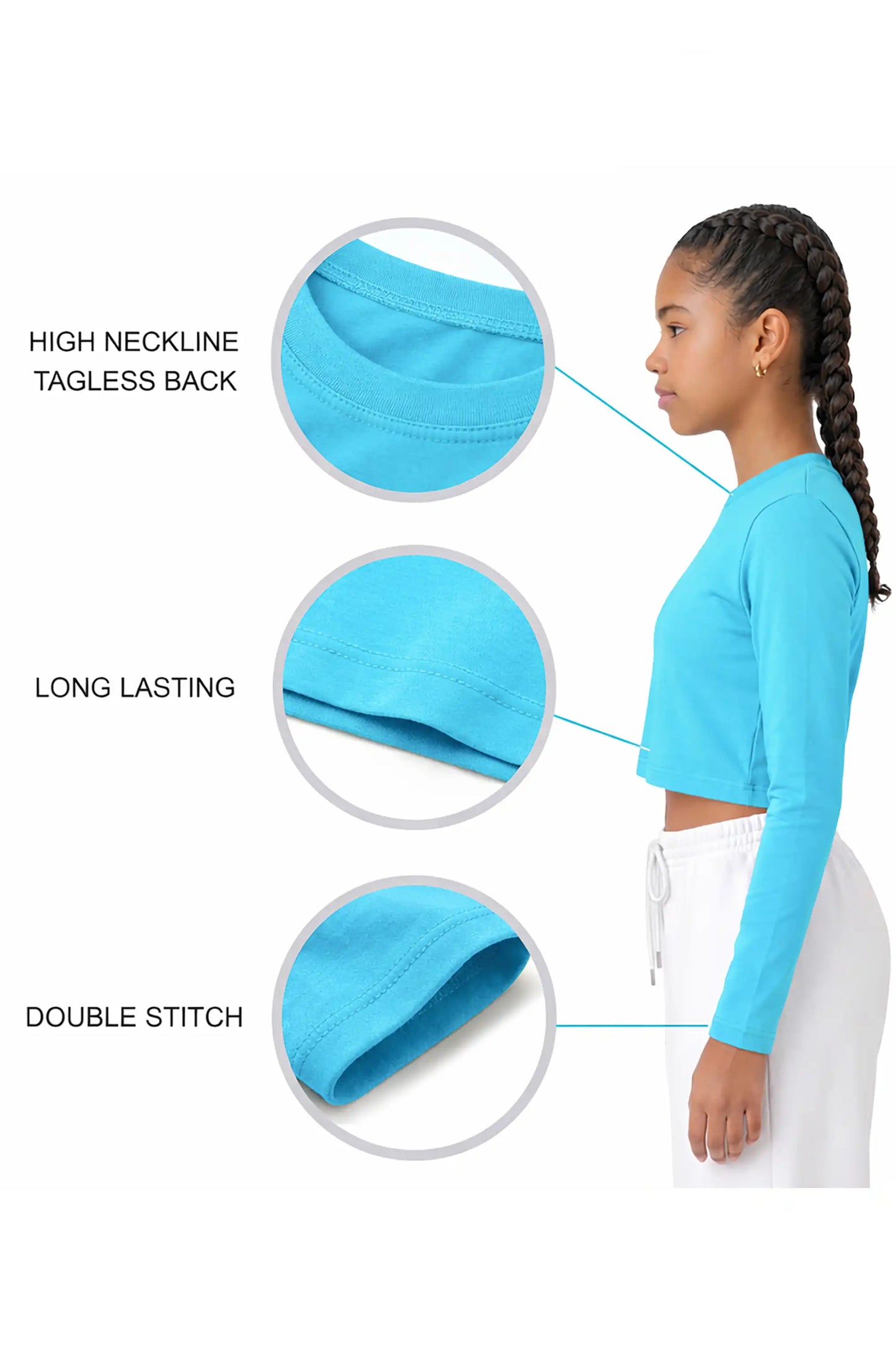 Girls' Long Sleeve Crop Top – Soft Cotton, 4-Way Stretch, Breathable Everyday Tee