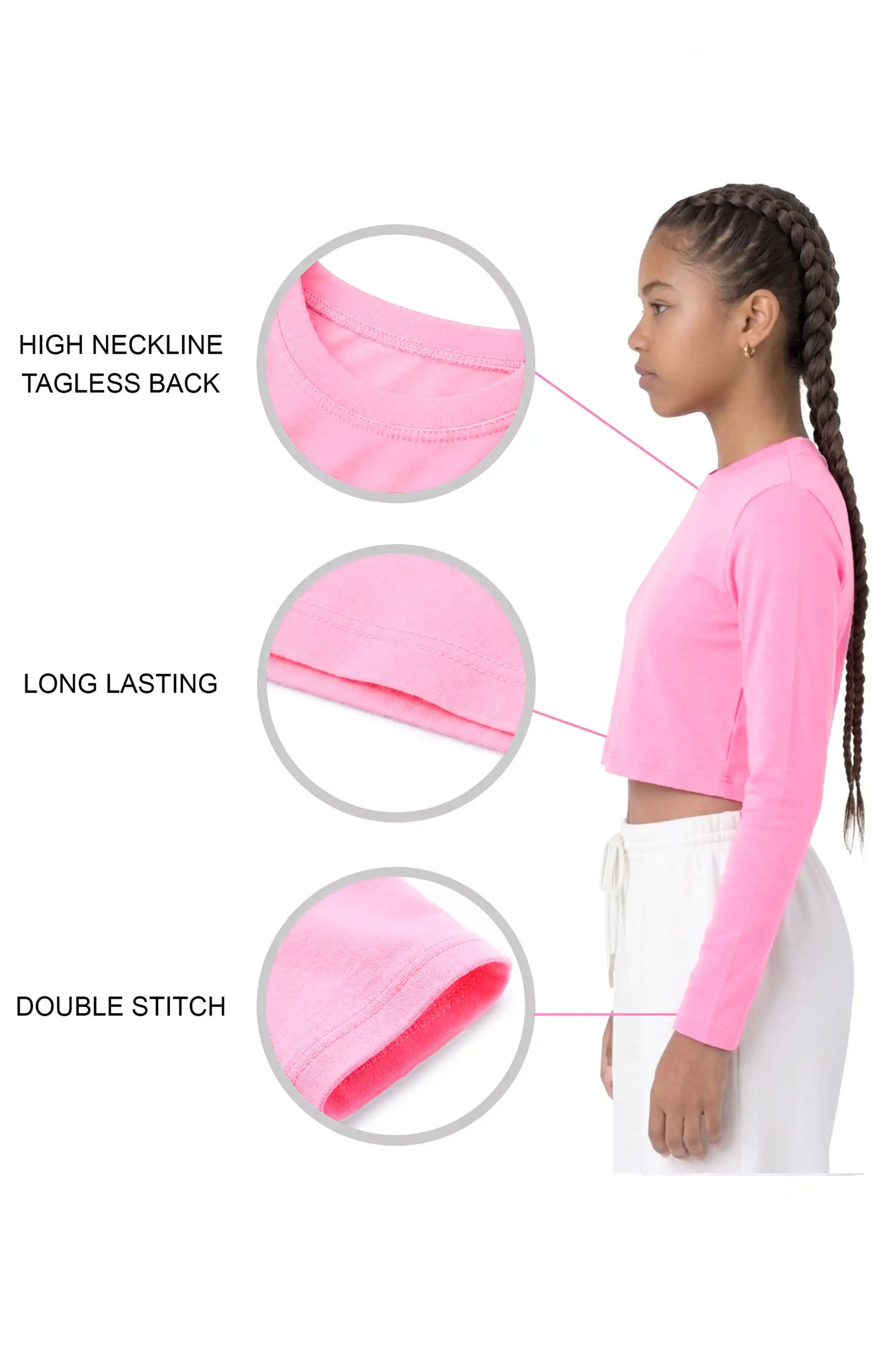Girls' Long Sleeve Crop Top – Soft Cotton, 4-Way Stretch, Breathable Everyday Tee