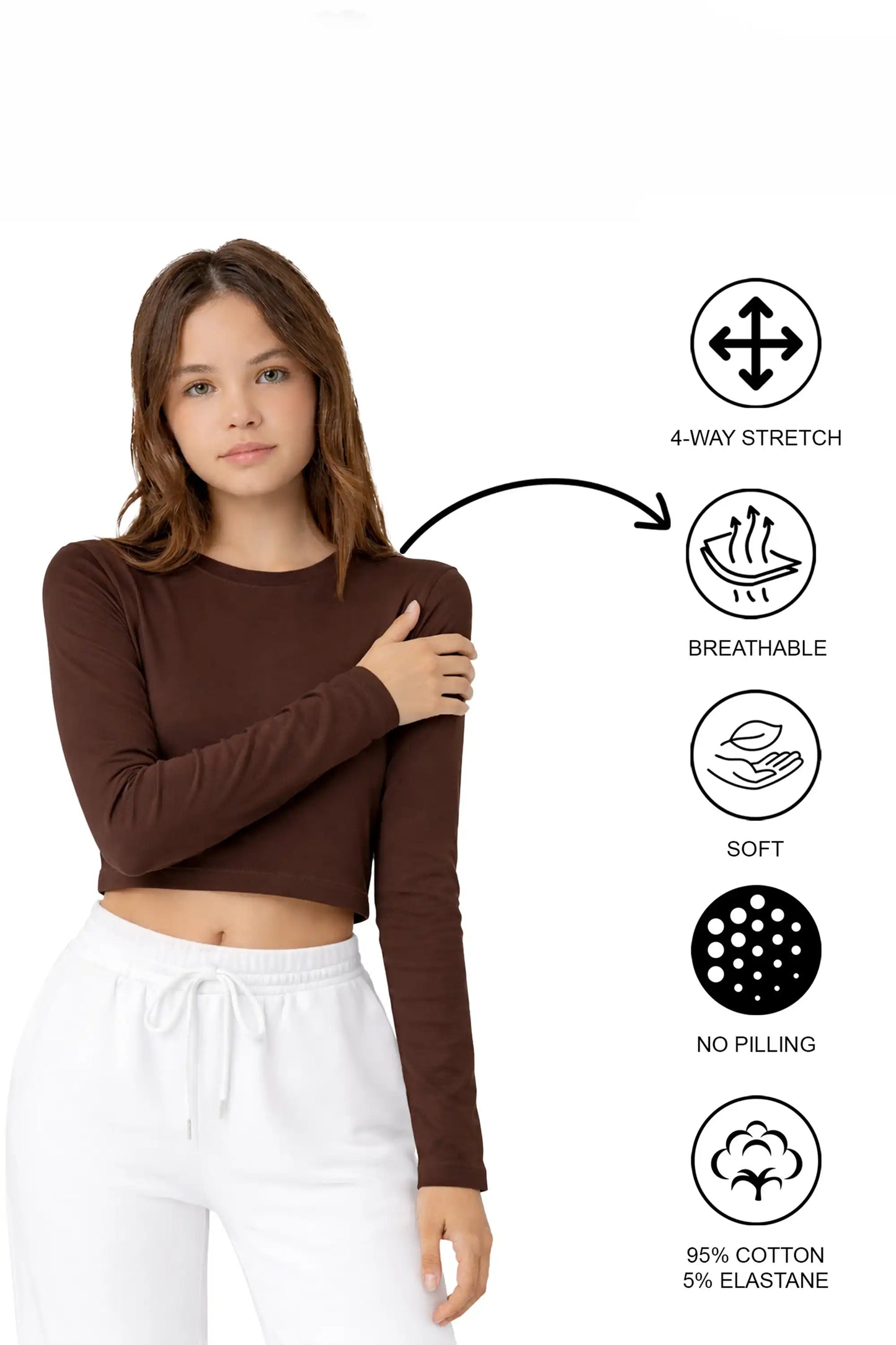 Girls' Long Sleeve Crop Top – Soft Cotton, 4-Way Stretch, Breathable Everyday Tee