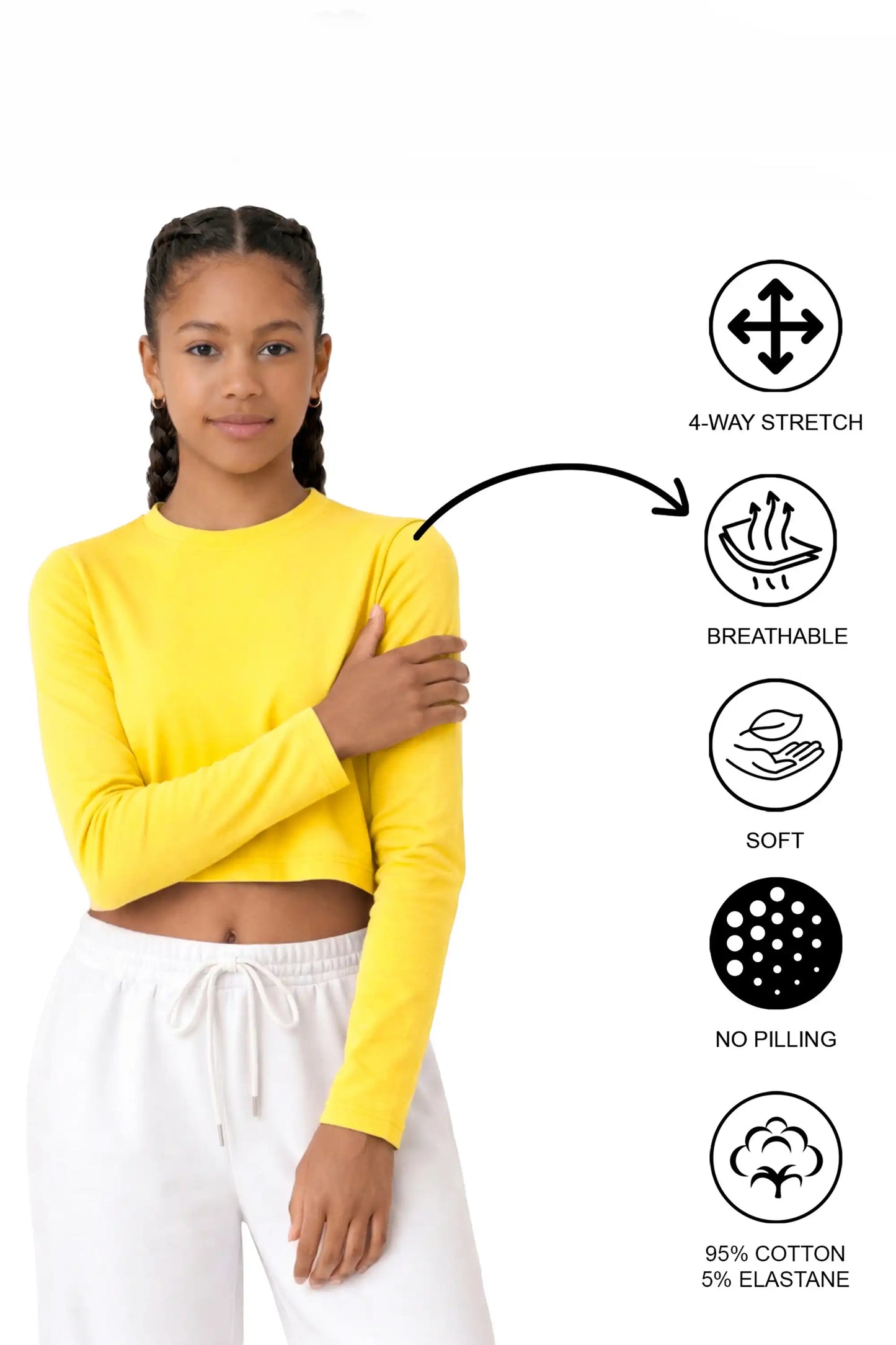 Girls' Long Sleeve Crop Top – Soft Cotton, 4-Way Stretch, Breathable Everyday Tee
